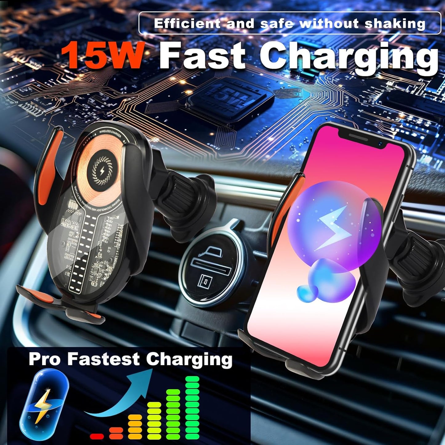 Car Phone Holder Wireless Car Charger, 15W Fast Charging Auto Sensing Clamping Phone Holders for Your Car Vent 360 Adjustable Car Mount for iPhone 16 15 14 13 12 Pro Max, Samsung Glaxy Series