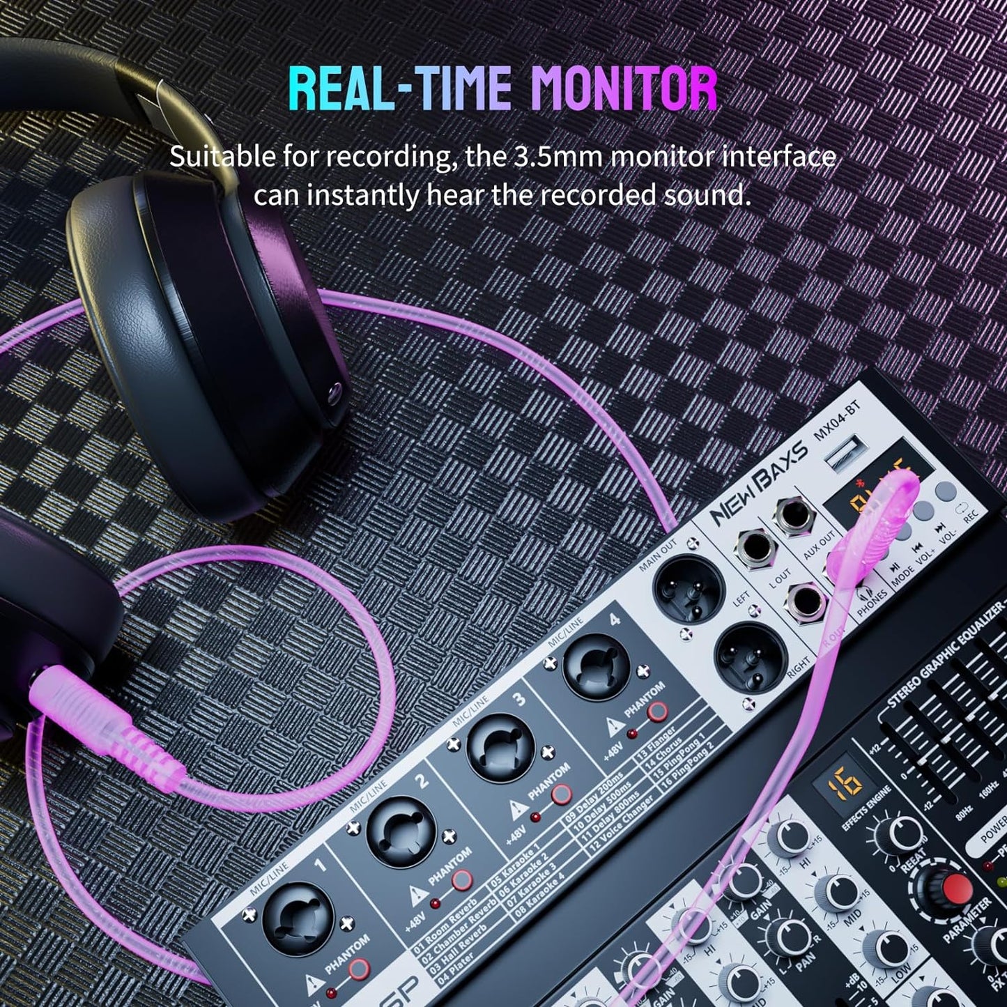 Professional Audio Mixer, 4 Channel Audio Interface Sound Board Mixing Console System Monitor, NEW BAXS 16-Bit DSP DJ Bluetooth Mixer +48V Phantom Effect For Karaoke Studio Streaming Recording