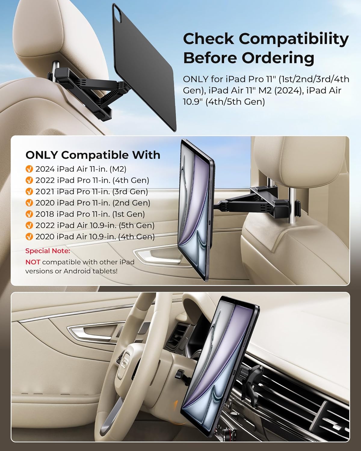 KU XIU Magnetic iPad Holder for Car Headrest,Backseat Tablet Car Mount for iPad Pro/Air 11" M2, Road Trip Essentials for Kids, Tablet Car Holder for iPad Pro 11 1st/2nd/3rd/4th, iPad Air 10.9" 4/5th