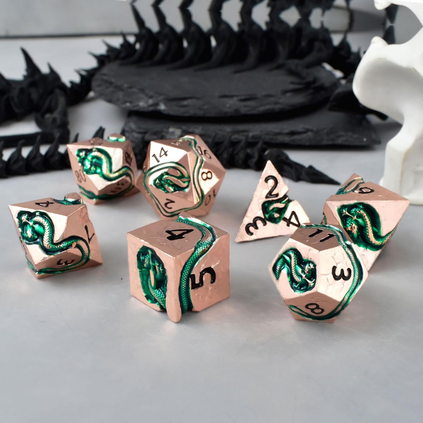 RULE DICE Serpent's Embrace Metal DND Dice Set - 7pc Polyhedral D&D Dice for TTRPGs Like Dungeons and Dragons and Pathfinder - Emerald Green Snake Design, Heavy & Balanced for Tabletop Gaming