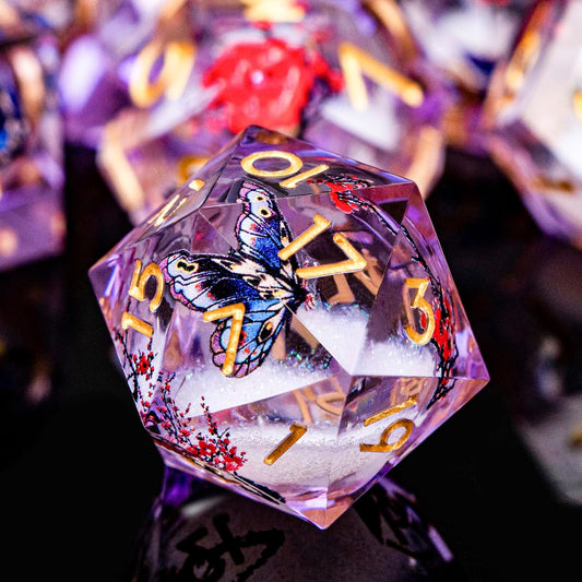 Butterfly DND Dice Purple Liquid Core Dice Set with Metal Box, Handmade Sharp Edge D and D Polyhedral Dice for use with D&D Role Playing Game, D20 D12 D10 D8 D6