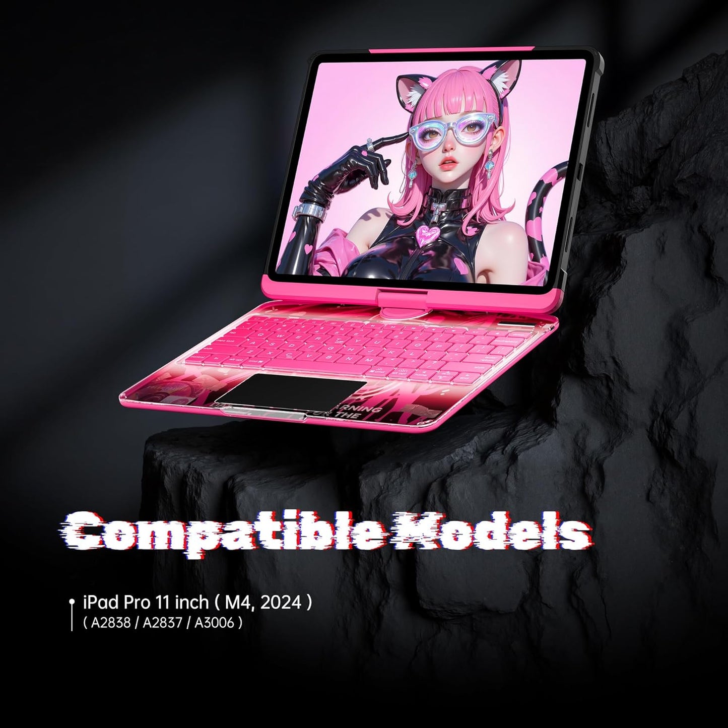 KITONE Transparent Case with Wireless Keyboard only for 2024 iPad Pro 11-in.(M4), 7 Colors Backlight, Trackpad, 360°Rotating Stand for iPad Pro 11(5th Gen), Tech Style