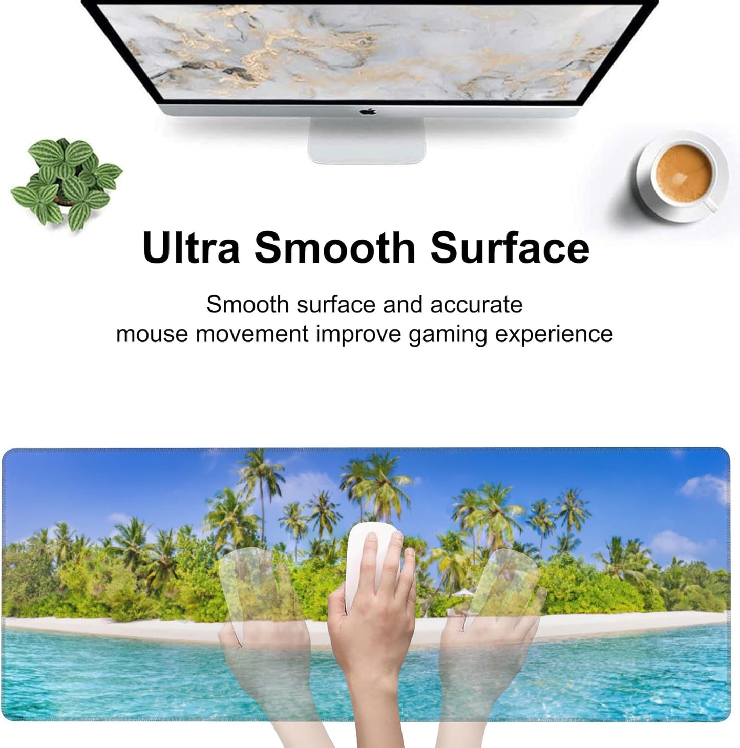 Tropical Nature Landscape Desk Mat,Large Summer Beach Seawater and Palm Trees Gaming Keyboard Mouse Pad,Non-Slip Rubber Base Desk Pad Thick Stitched Edges Waterproof Mousepad Mouse Mat 31.5"x11.8"