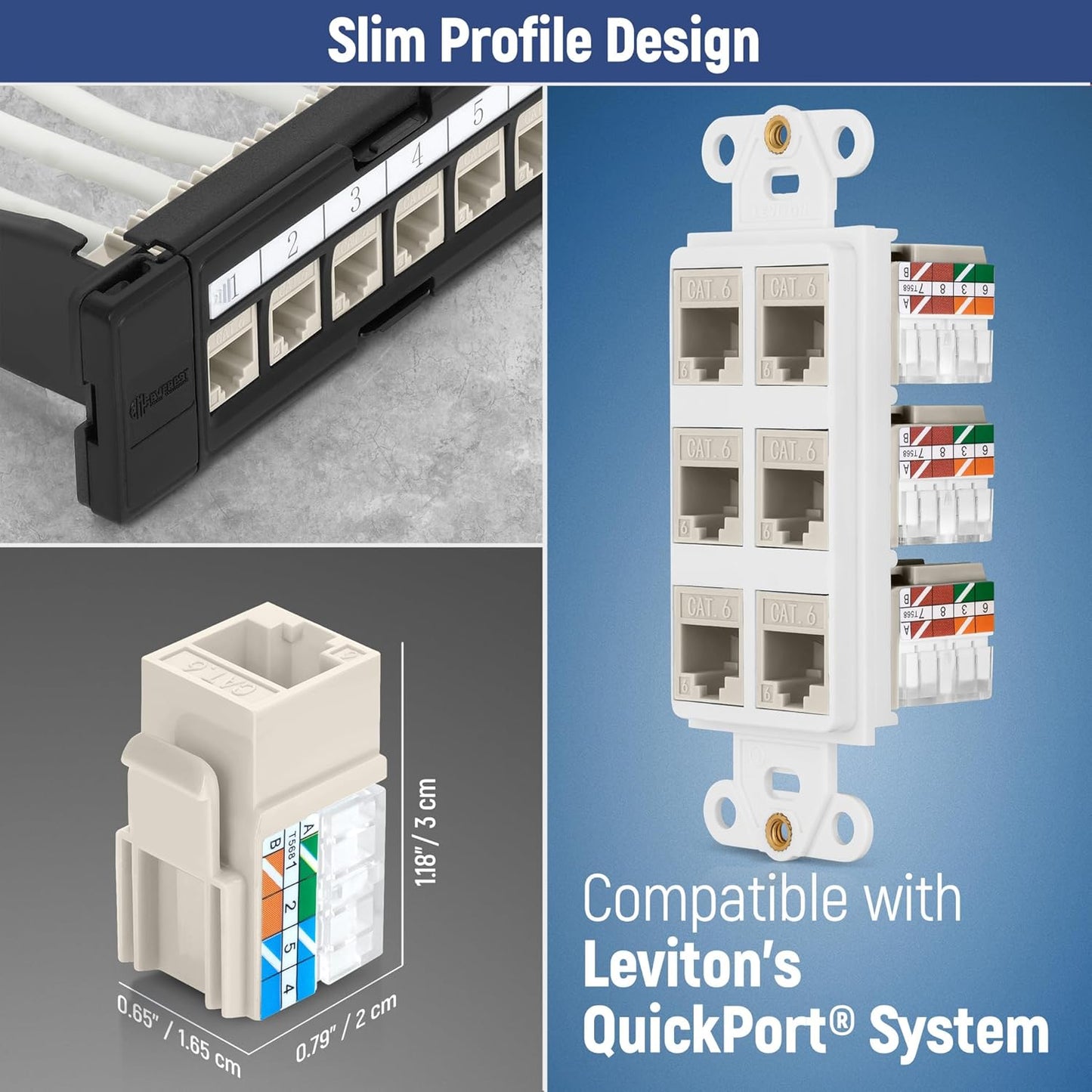 Everest 90° Angled RJ45 Cat6 Keystone Jacks 10-Pack in Light Almond - Slim Profile Female RJ45 Connectors - Cat 6 Keystone Jack - Compatible with 90° Angled Speed Termination Tool - easyJACK