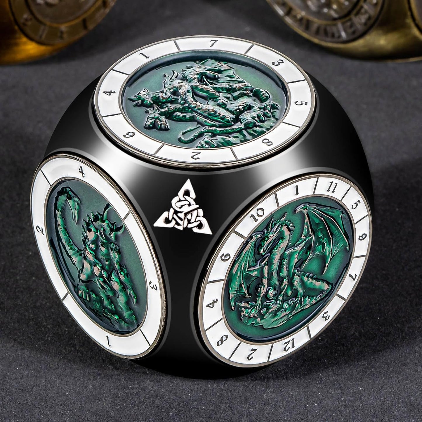 7 in 1 D6 Spinner DND Dice Set D&D, Metal Cube D and D Dice with Gift Box, Dungeons Dragons Role Playing Dice, Black Green