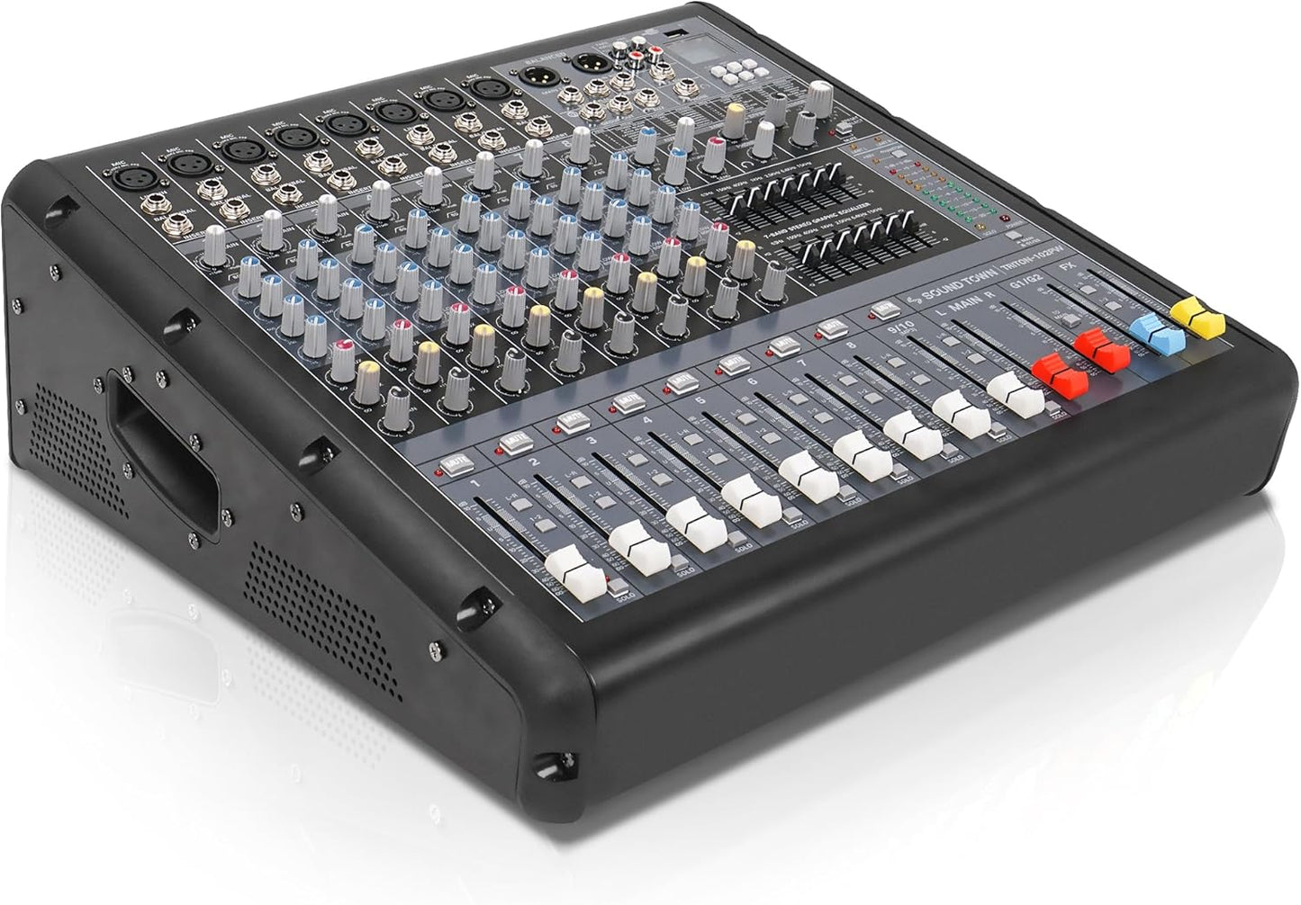Sound Town 10-Channel 2x800W Powered Mixer w/ 2 Bus, DSP effects, USB, MP3, Dual 7-band EQ, Phantom Power (TRITON-102PW)