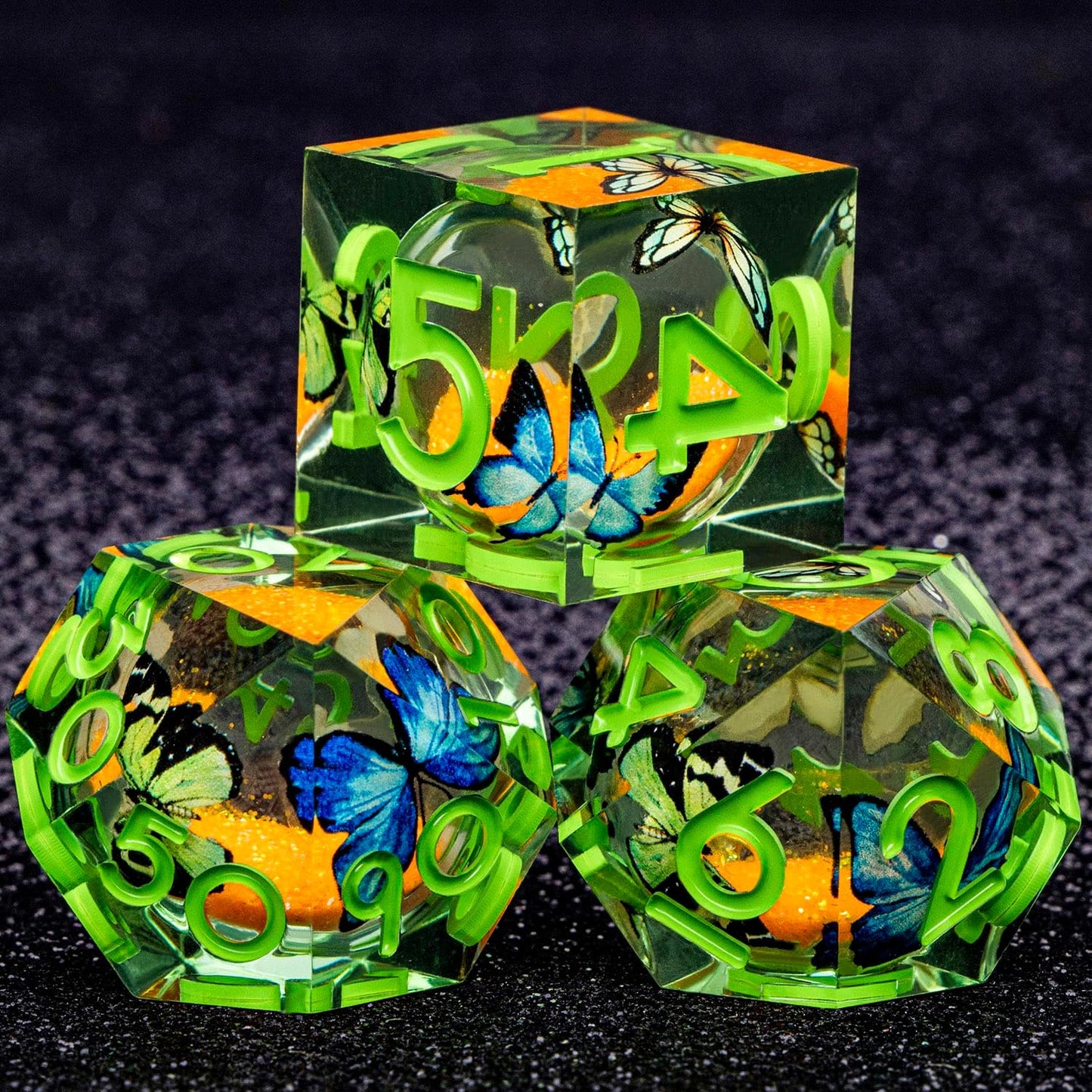 Butterfly DND Dice Green Liquid Core Dice Set with Metal Box, Handmade Sharp Edge D and D Polyhedral Dice for use with D&D Role Playing Game, D20 D12 D10 D8 D6
