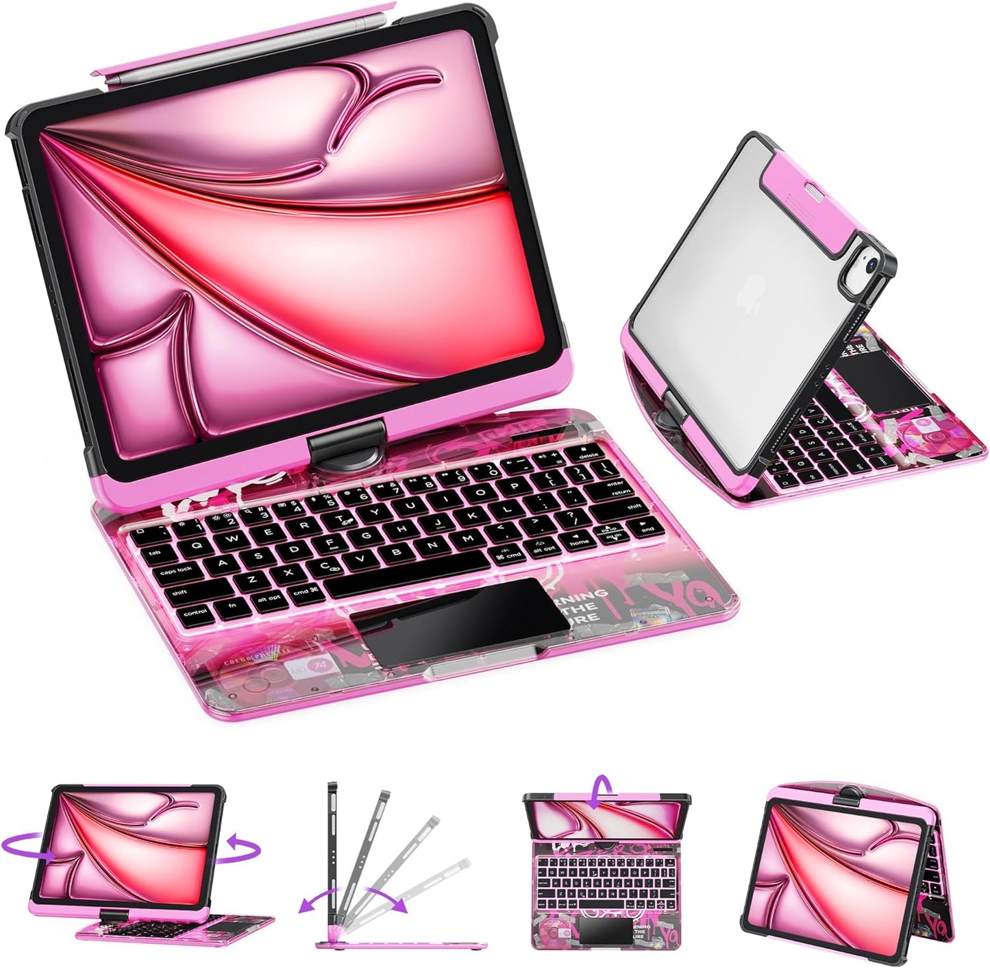 GUSGU Transparent Case with Wireless Keyboard for iPad Air 13-in.(M3/M2, 2025/2024), 7 Colors Backlight, Trackpad, 360°Rotating Stand for iPad Pro 12.9-in (6/5/4/3 Gen), Tech Style
