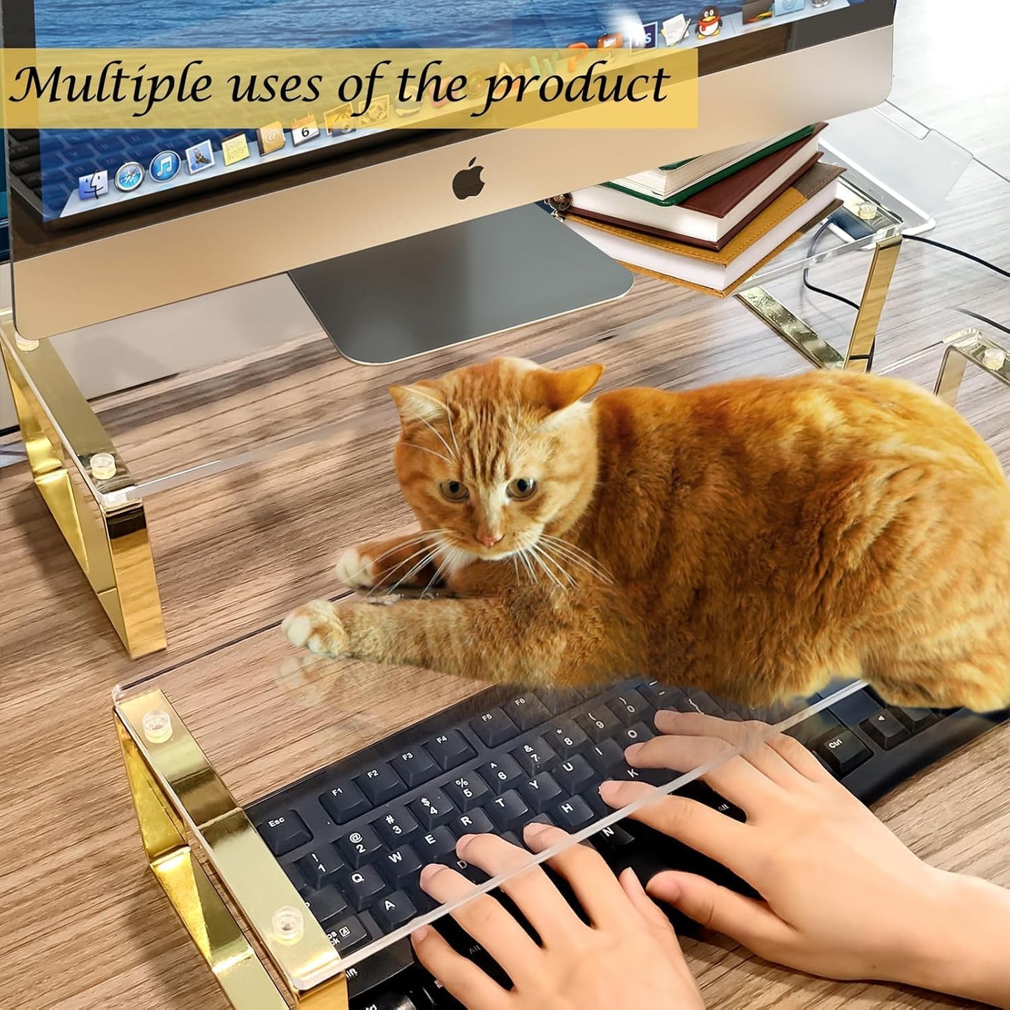 Keyboard Cat Protector - 20" Large Monitor Stand 2 in 1 Clear Acrylic Keyboard Cover Long Acrylic Monitor Stand Keyboard Protective Cover for Desk 108 Keyboard Protector Laptop Computer Monitor