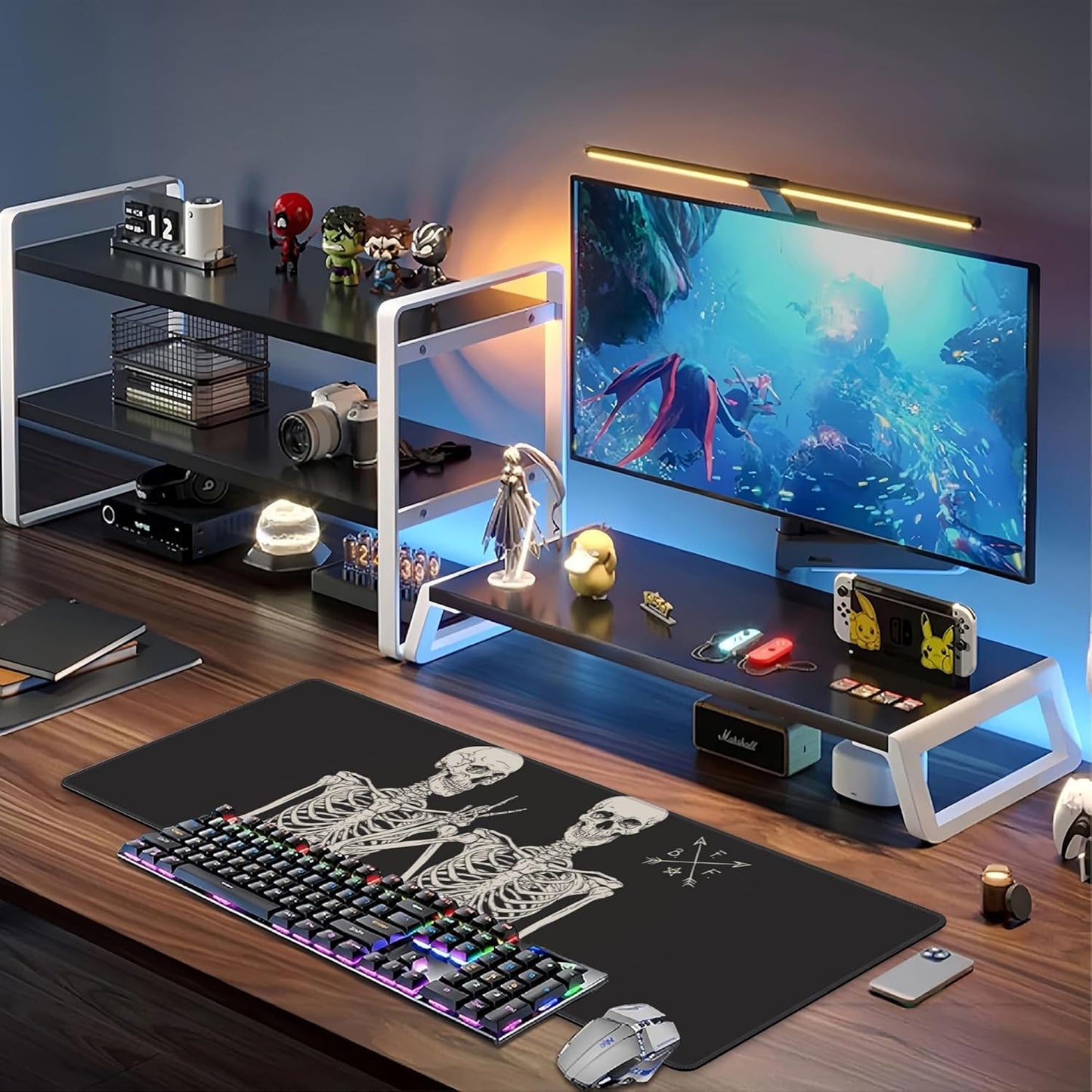 Human Skeletons Best Friends Desk Mat,Large Gothic Human Skeleton Gaming Keyboard Mouse Pad,Non-Slip Rubber Base Desk Pad Thick Stitched Edges Waterproof Mousepad Mouse Mat 31.5"x11.8"