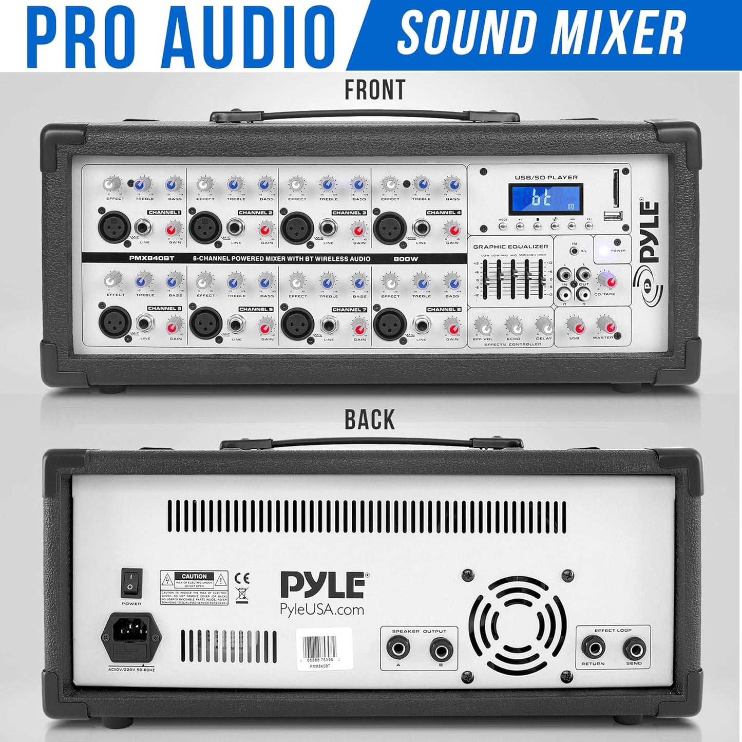 PyleUsa 8 Channel Bluetooth Stage Powered Mixer, 800 Watt Pro Audio Sound Mixer, MP3 USB SD Readers, Aux Input, Digital LCD Display, Built in Cooling Fan