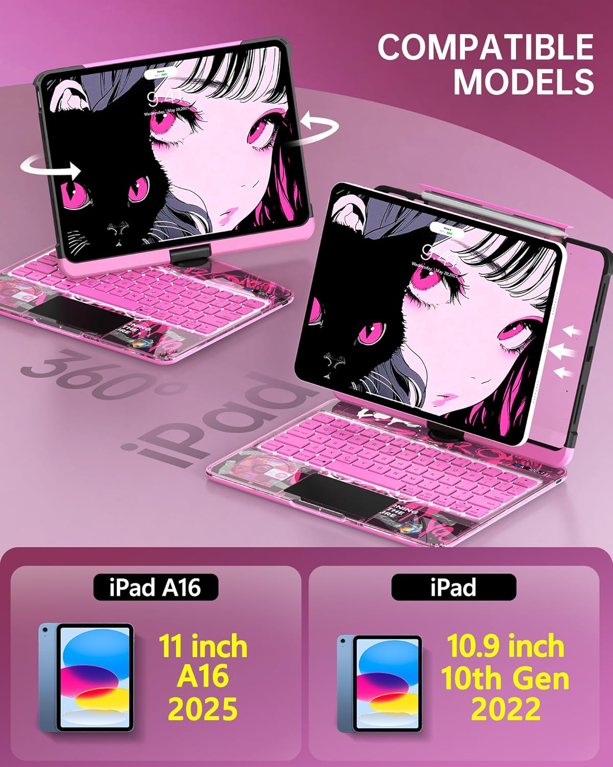 Intermerge Clear iPad A16 11th (2025) & 10th Generation 10.9" Case with Keyboard, 360° Transparent Multi-Touch Trackpad, 7-Color RGB Keyboard, Pencil Holder, Type-C, Power Indicator, Blush Pulse