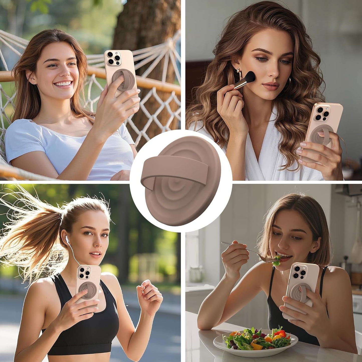Magnetic Phone Ring Grip Holder, Silicone Finger Loop Grip, Compatible with MasSafe, Back of Phone for iPhone Pro Max/Plus/16/15/15/14/13/12 Series, Light Brown