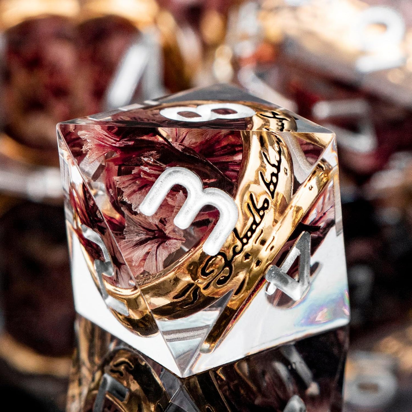 Magic Golden Ring DND Dice Set Sharp Edge Resin Dice with Case, Pink Flower Lord D and D Dice for use with D&D RPG Role Playing Games, Polyhedral Dice Set D20 D12 D10 D8 D6