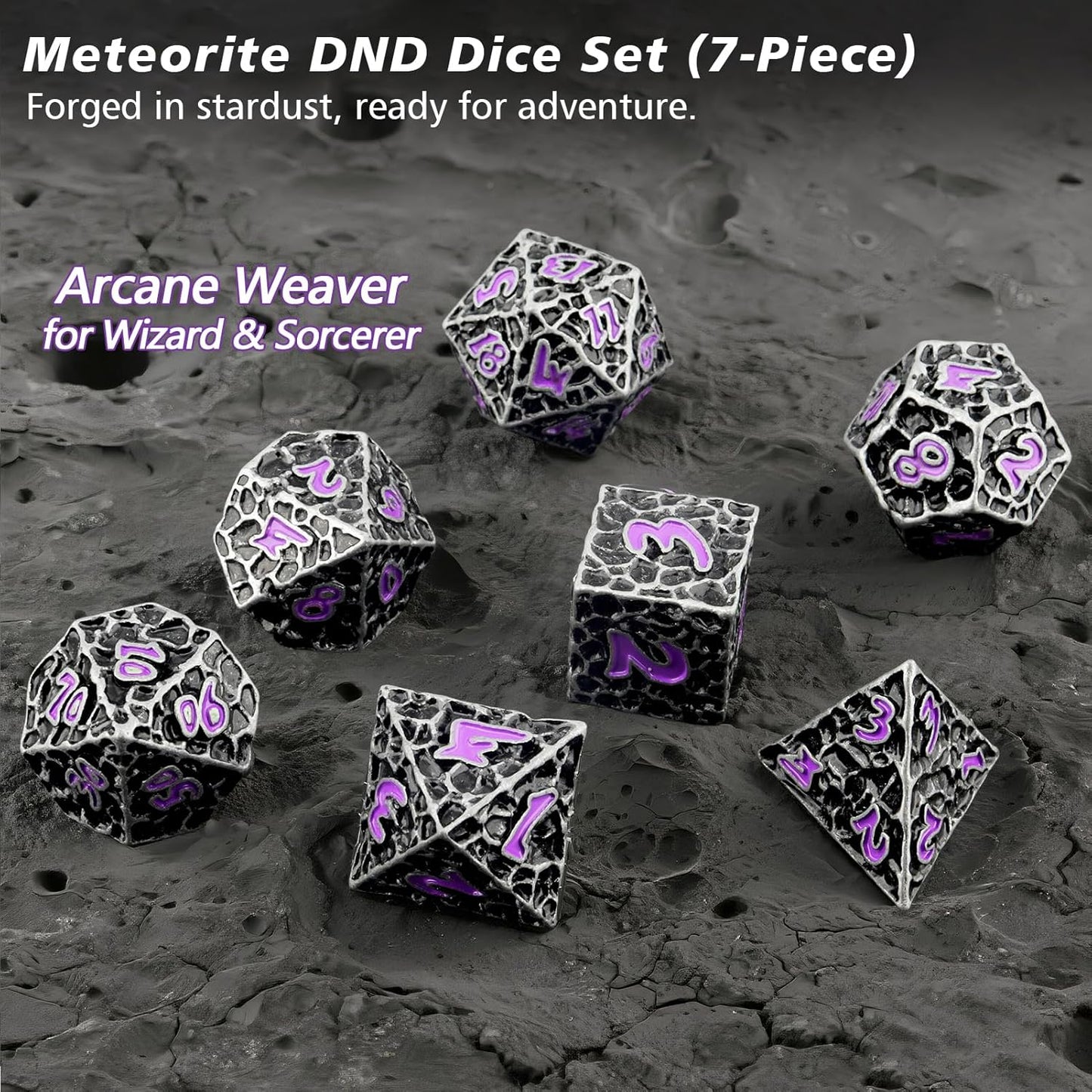 PJOY Metal Dice Set D&D for Dungeons and Dragons Dice with Case Meteorite Iron Purple 7PCS 16mm Role Playing Cool DND Gifts for Players DM Board Game Masters Wizards