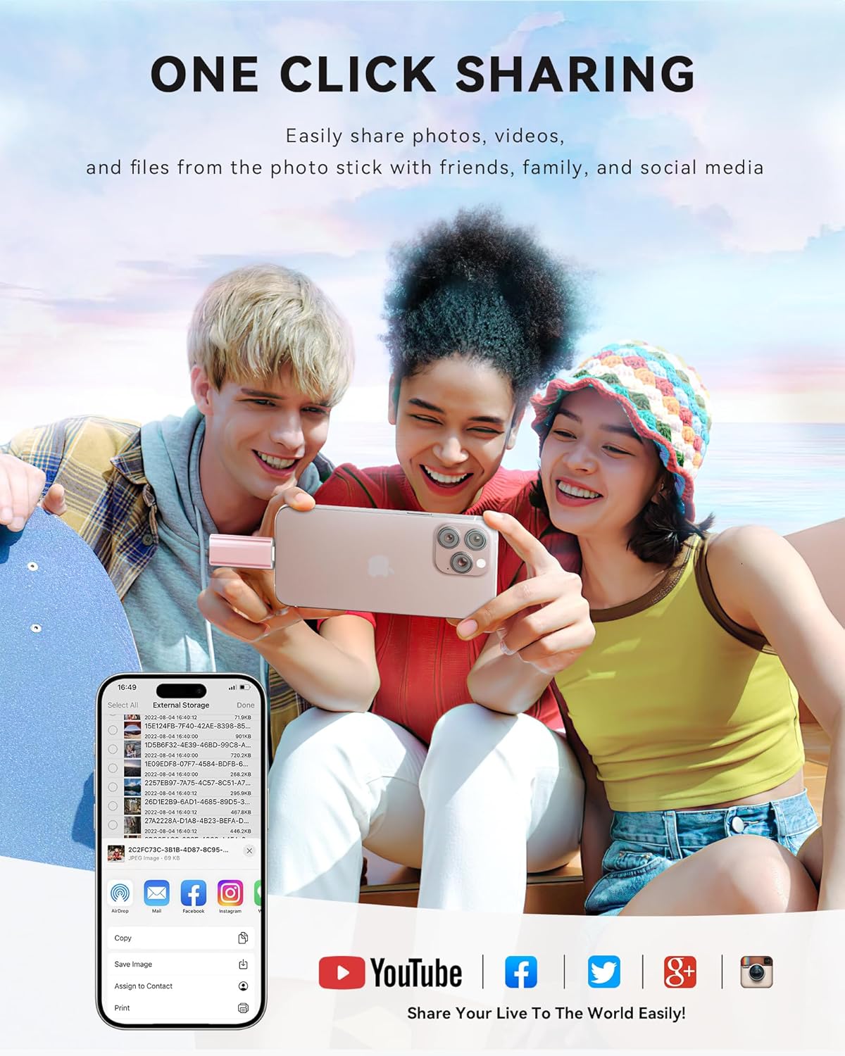 Apple MFi Certified 128GB Flash Drive for iPhone Thumb Drive Photo Stick, USB Memory Stick iPhone Flash Drive for Photos Videos, High Speed Jump Drive Compatible for iPhone/iPad/Android/PC (Pink)