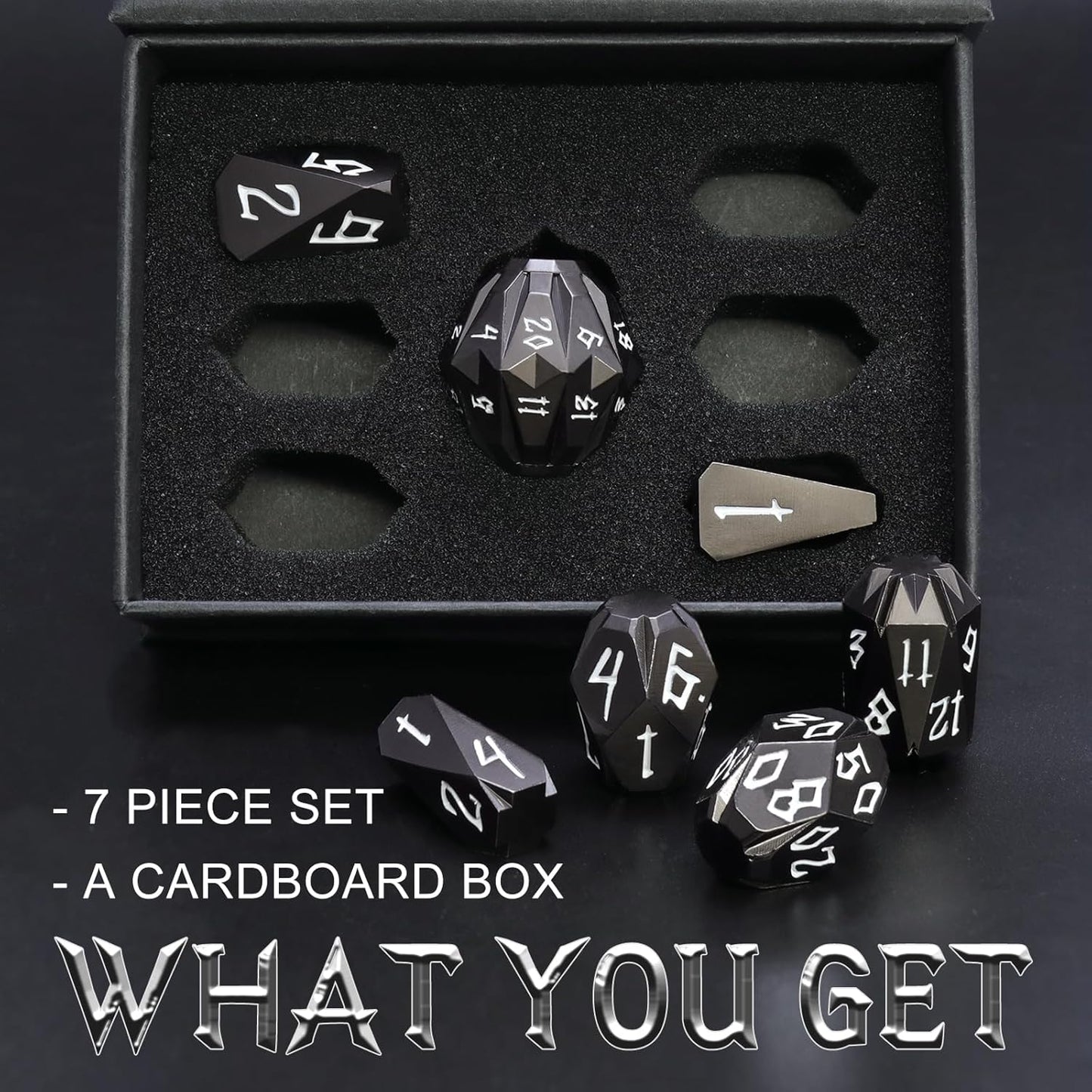 Metal DND Dice Set D and D, Dungeons and Dragons Dice of 7 RPG Dice Set Metal Unique Cool Polyhedral Dice Set with Cardboard Box for Role Playing Games TTRPG Gifts (Black)