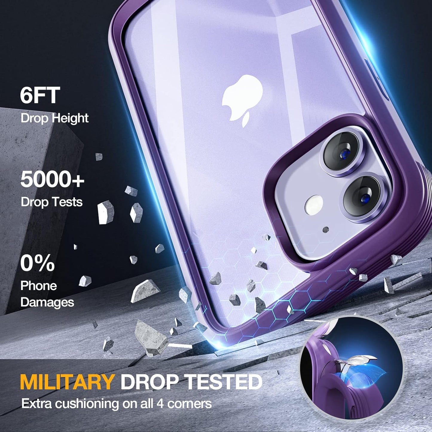 Miracase Glass Series for iPhone 12/12 Pro Case 6.1 inch, Upgraded Full-Body Rugged Phone Bumper Case Cover with Built-in 9H Tempered Glass Screen Protector and Camera Protector, Purple