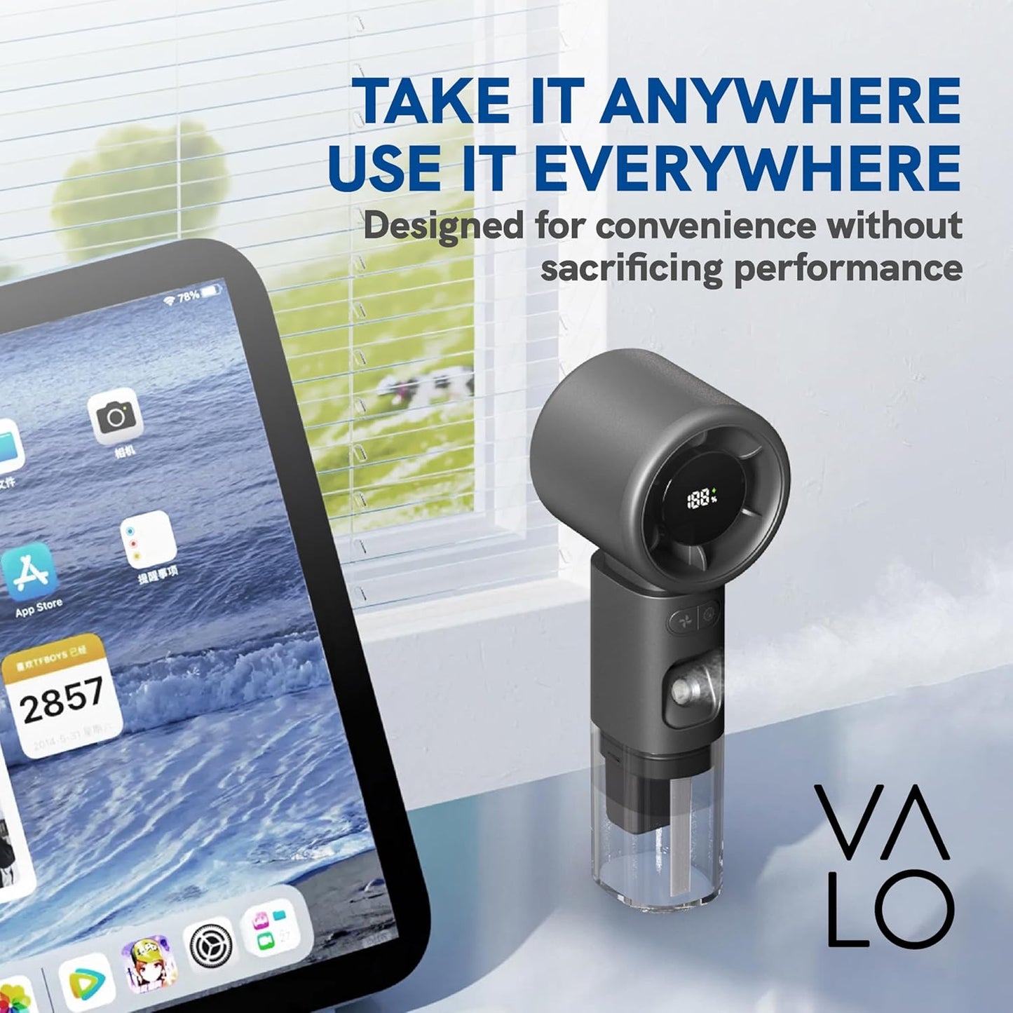 Valo Portable Rechargeable Fan - Mini Cooling Fan for Travel, USB Desk Personal Fan with 4 Speeds, 50ml Tank for Water Cooling Technology, Quiet Operation, 2,000 mAh Battery - Midnight Black