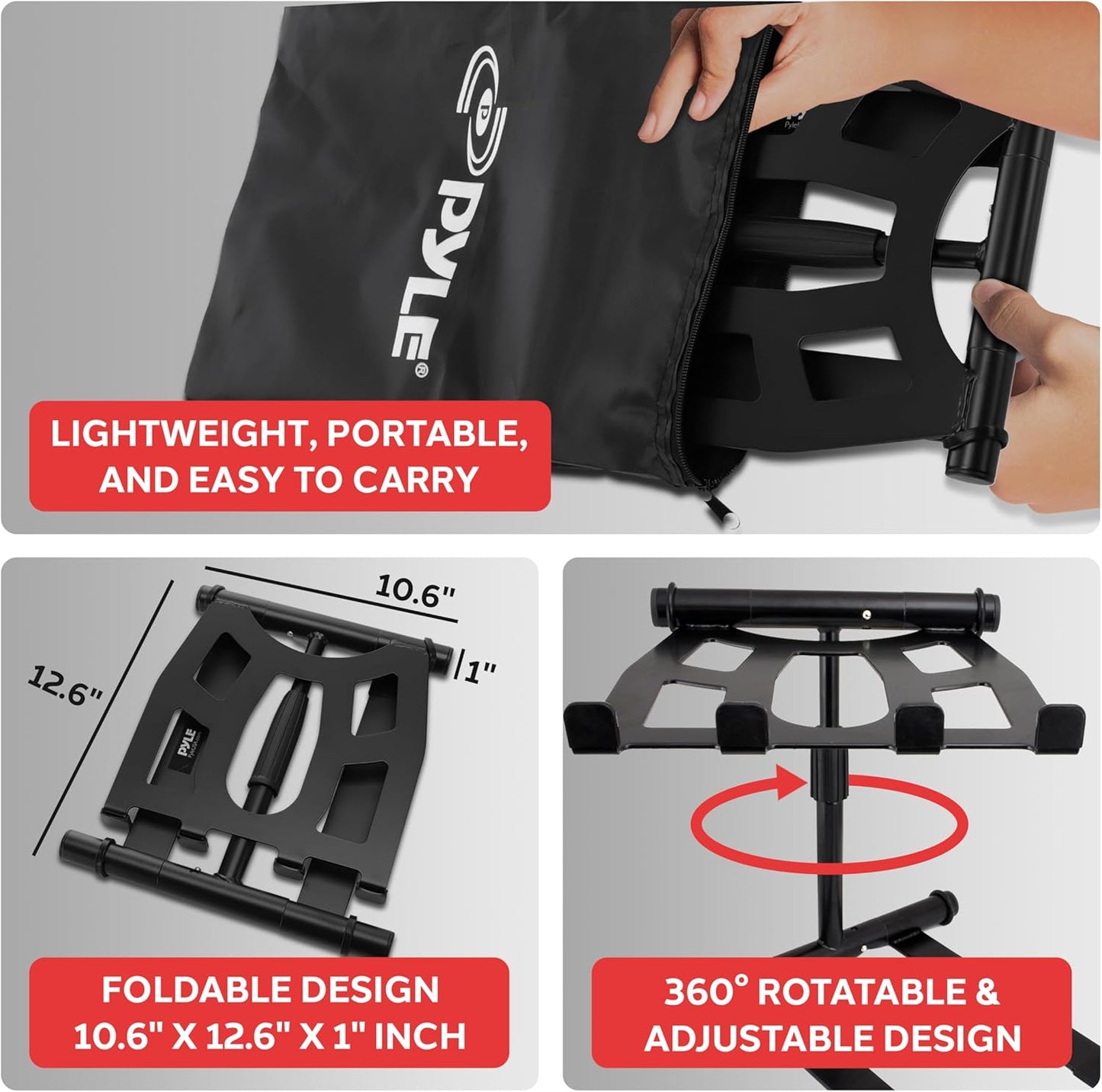 Pyle Portable Folding Laptop Stand - Standing Table with Adjustable Angle, Foldable Height and Four Prong Anti-Slip Tray for iPad, Tablet, DJ Mixer, Workstation, Gaming and Home Use - PLPTS55