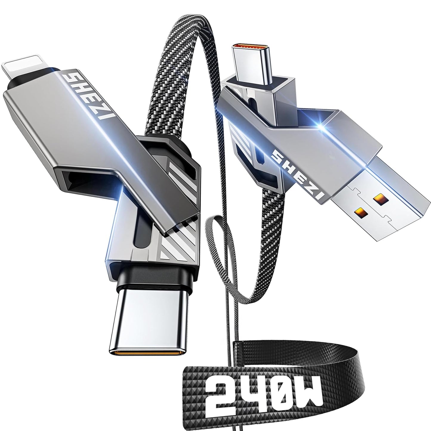 SHEZI [Upgraded 2.0] 4-in-1 USB C Cable 240W 5FT [Fast Charging & Data Sync] Flat Nylon Braided Multi Charger Cord Wire Combo with L/USB C/A Port for iPhone/iPad & All Devices