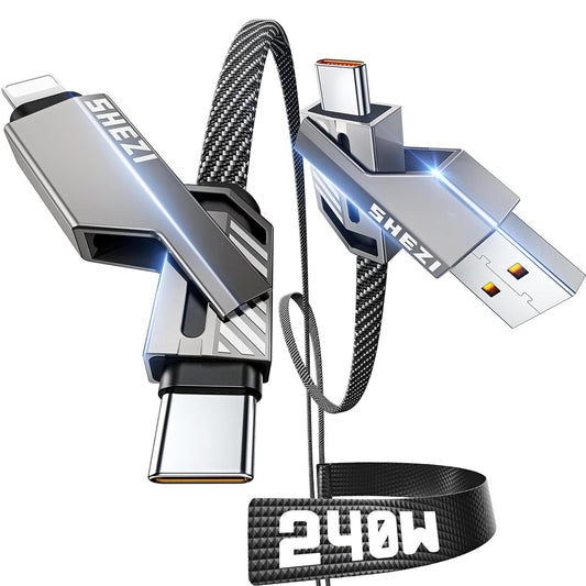 SHEZI [Upgraded 2.0] 4-in-1 USB C Cable 240W 5FT [Fast Charging & Data Sync] Flat Nylon Braided Multi Charger Cord Wire Combo with L/USB C/A Port for iPhone/iPad & All Devices