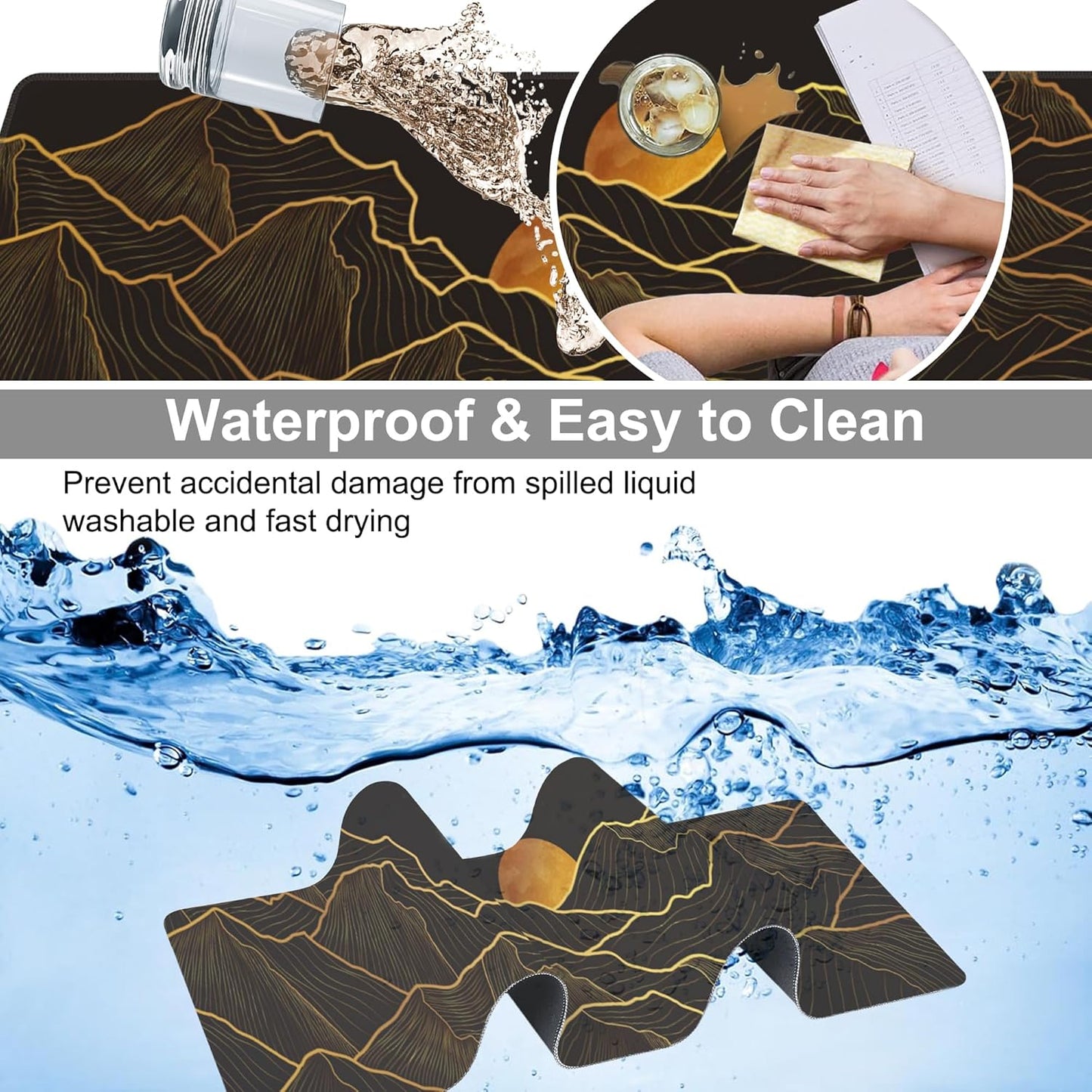 Golden Mountain and Moon Desk Mat,Large Luxury Gold Line Art Gaming Keyboard Mouse Pad,Non-Slip Rubber Base Desk Pad Thick Stitched Edges Waterproof Mousepad Mouse Mat 31.5"x11.8"