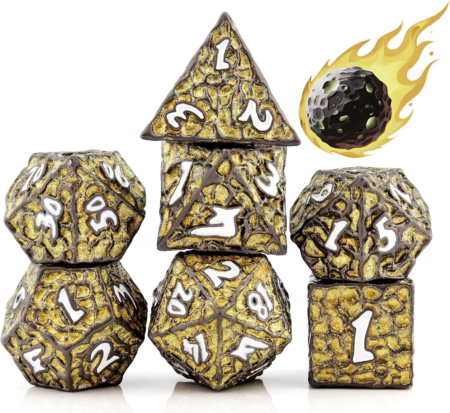 PJOY Metal D&D Dice Set for Dungeons and Dragons Dice with Case Meteorite Black Gold Glitters 7PCS 16mm Role Playing Cool DND Gifts for Players DM Board Game Masters