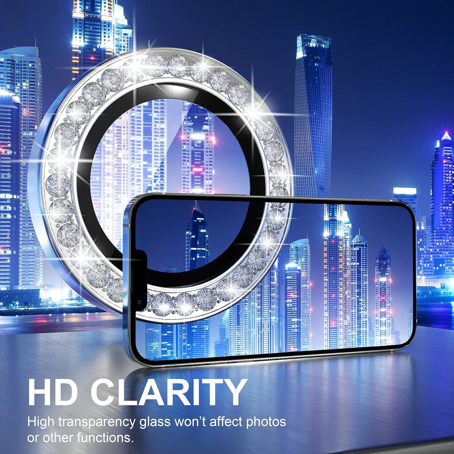 Choiche [3+1 for iPhone 13 Pro/iPhone 13 Pro Max Camera Lens Protector Bling, 9H Tempered Glass Camera Cover Screen Protector Metal Ring Decoration Accessories (Diamond-Silver)