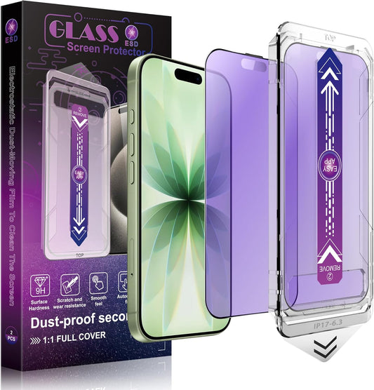 Anti Blue Light Matte Screen Protector for iPhone 17, iPhone 16 Pro 6.3-Inch, Auto Dust Removal, 9H Tempered Glass, Full Cover, Anti-Fingerprint, Easy Installation, 2 Pack