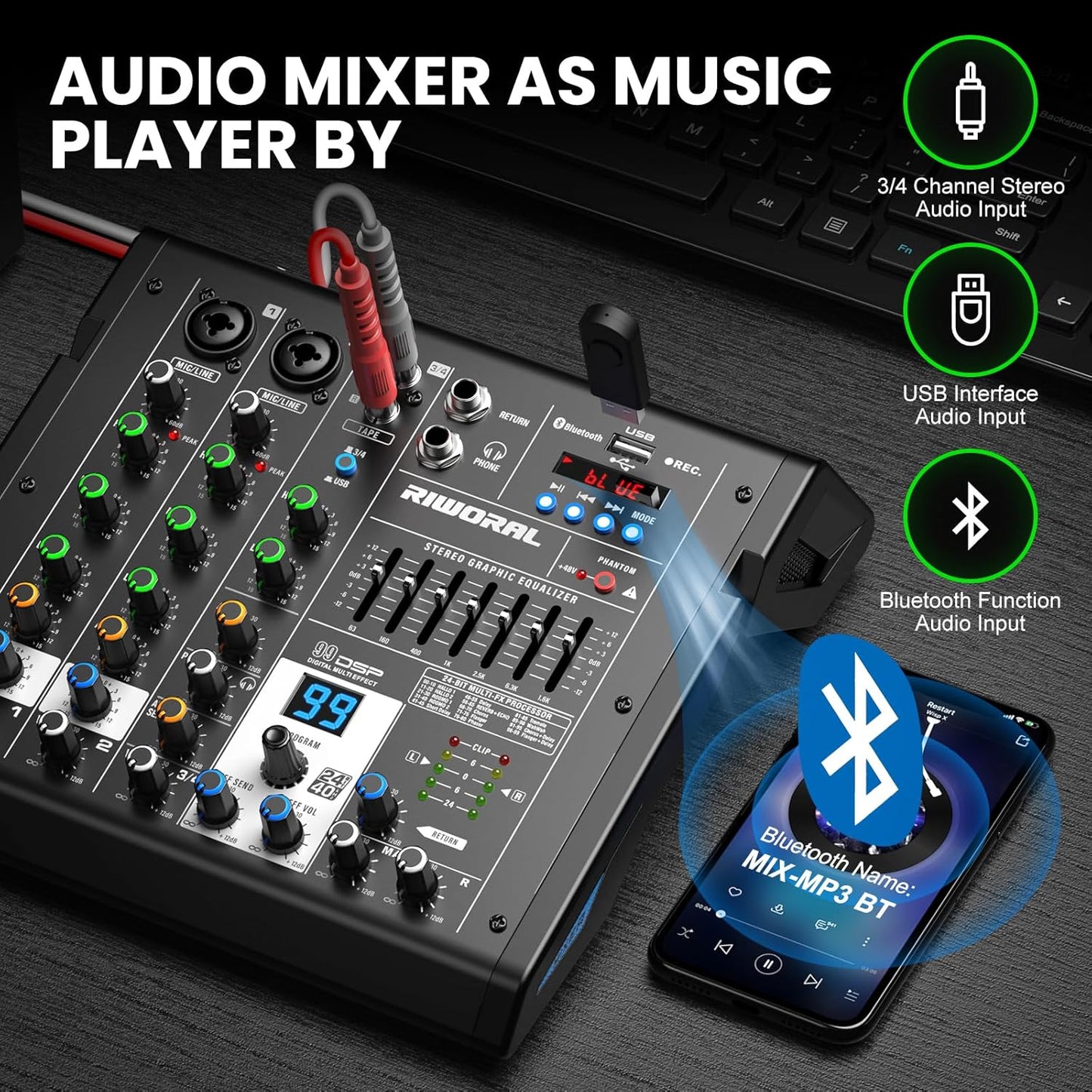 4 Channel Audio Interface DJ Mixer with 99 DSP Reverb Delay Effect USB Audio Interface +48V Phantom Bluetooth for Karaoke Studio Streaming Recording,Live Broadcasting,Podcasting