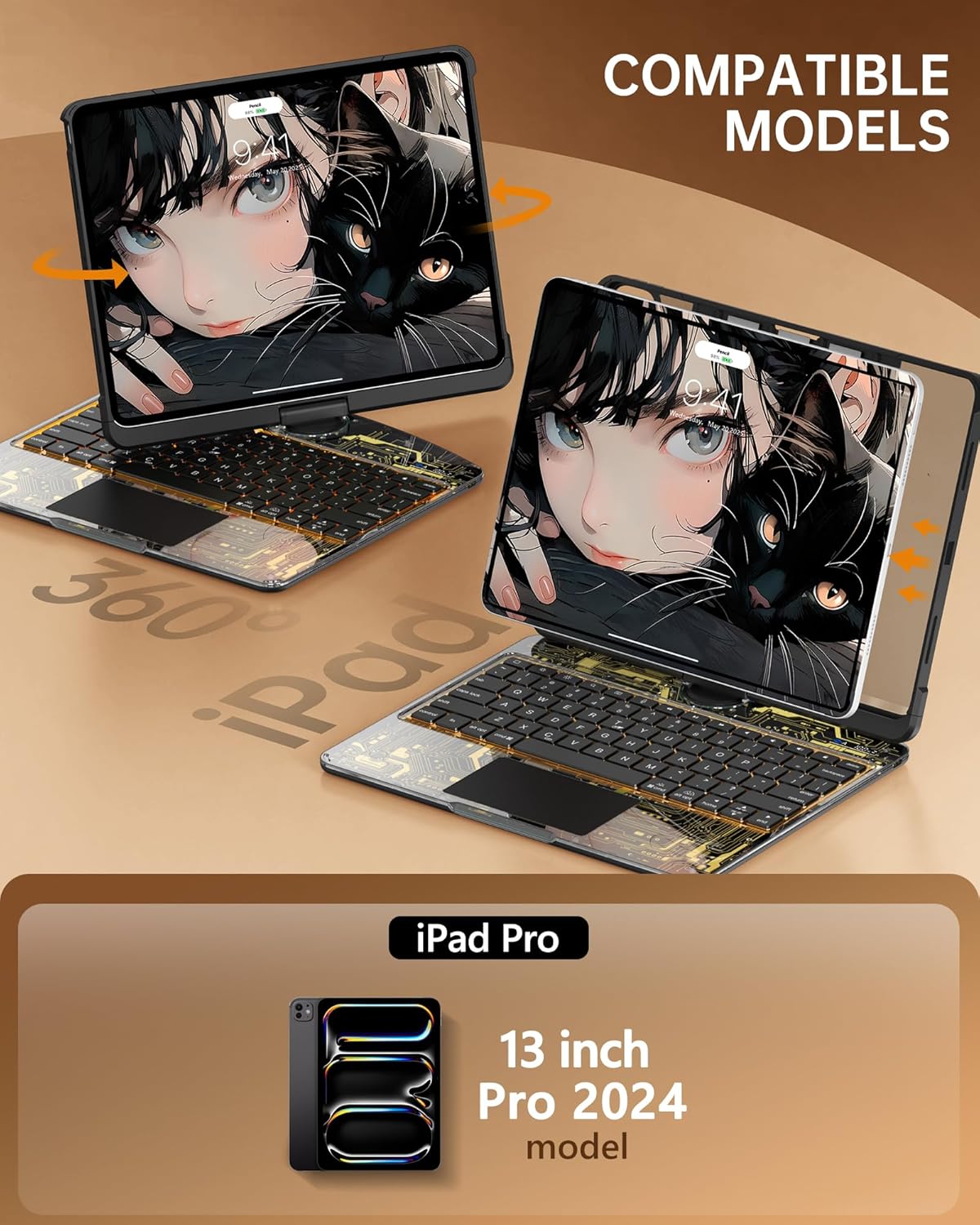 Intermerge Clear Keyboard Case for iPad Pro 13" (M4) 2024 Only, 360° Swivel Multi-Touch Trackpad, 7-Color RGB Backlit, Pencil Holder, Type-C, Power Indicator, Shadow Pulse