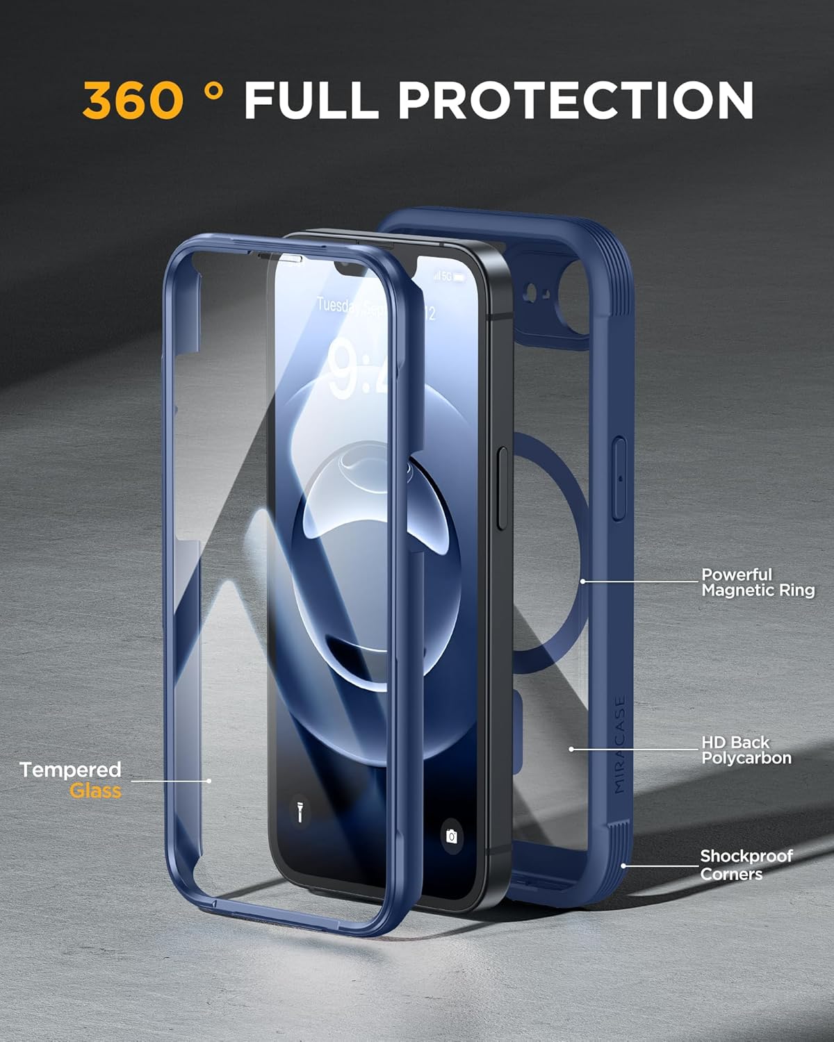 Miracase Magnetic for iPhone 16e Case Full-Body Phone with Built-in Glass Screen Protector, [Compatible with MagSafe] Military Drop Proof 16E Cover Bumper 6.1 inch, Blue