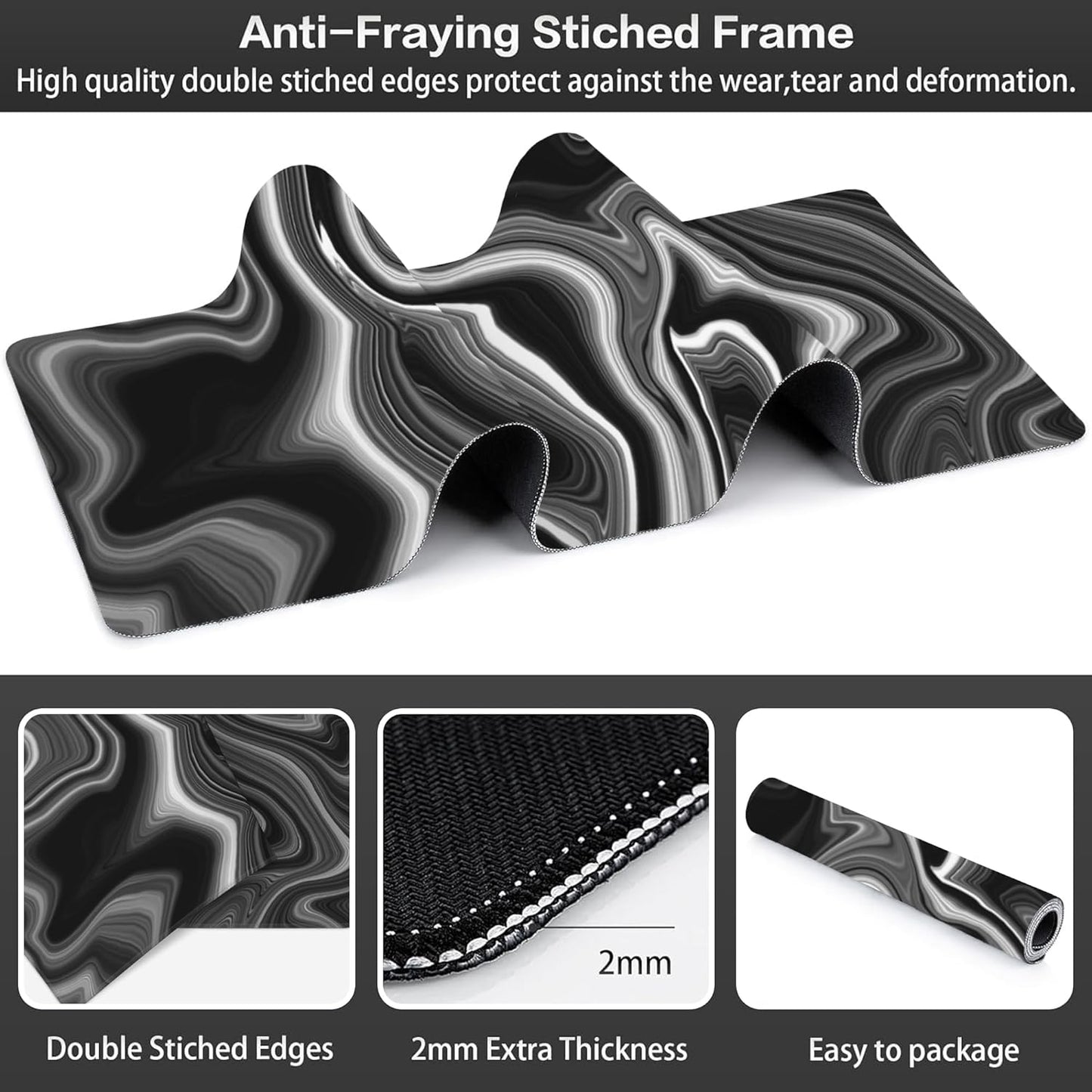 Black and White Marble Desk Mat,Large Marble Ink Texture Gaming Keyboard Mouse Pad,Non-Slip Rubber Base Desk Pad Thick Stitched Edges Waterproof Mousepad Mouse Mat 31.5"x11.8"