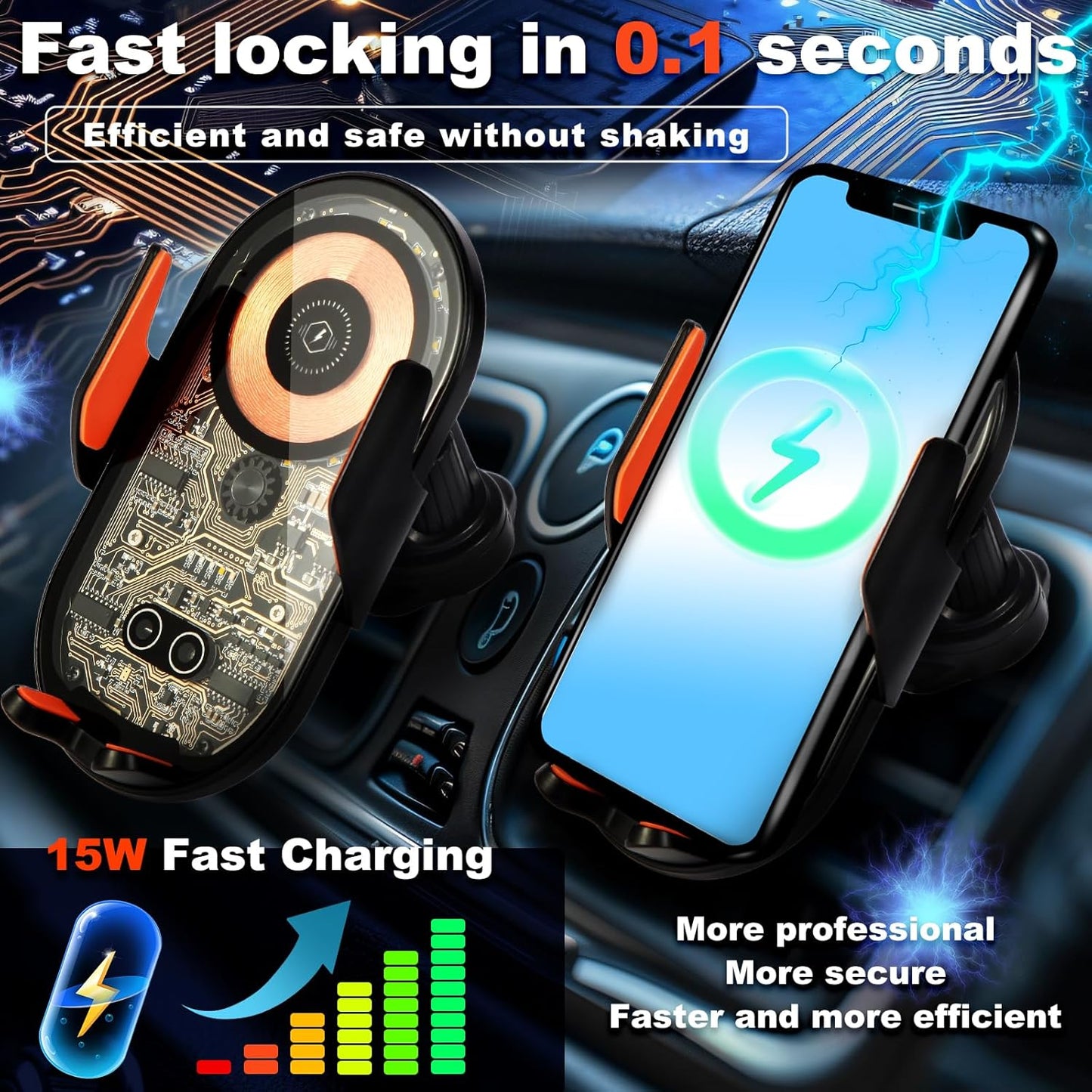 Car Phone Holder, Wireless Car Charger Air Vent Auto-Clamp Cell Phone Car Mount with Metal Hook Clip, 360° Rotation - One Button Release for iPhone, Samsung, Google, and All Other Smartphones