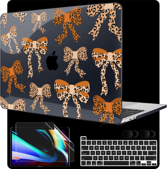 MEEgoodo Case for MacBook Pro 13 inch Case 2022 2021 2020 New A2338 M2/M1 A2251 A2289, Laptop Hard Shell with Keyboard & Camera Cover Compatible with 13 inch MacBook Pro, Ribbon Bow with Leopard Skin