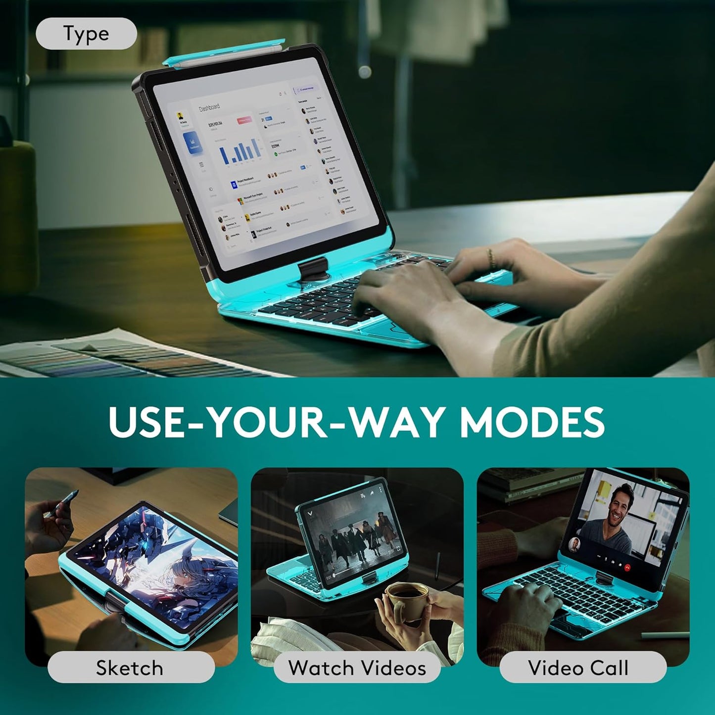 GUSGU Transparent Case with Wireless Keyboard for iPad 10.2-in (7th, 8th, and 9th Gen), 7 Colors Backlight, Trackpad, 360°Rotating Stand, Tech Style