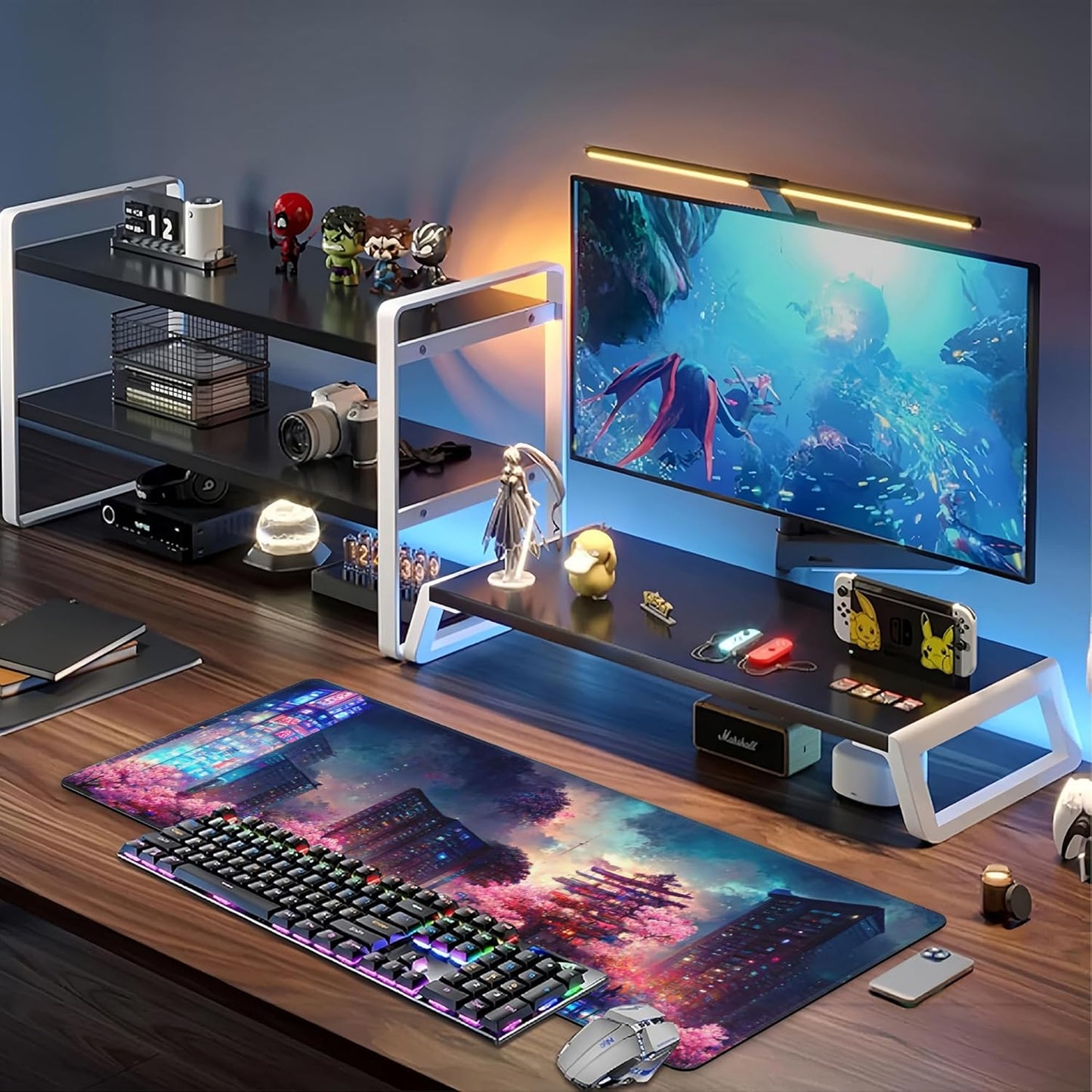 Japanese Fantasy Night City Desk Mat,Large Beautiful Night Scene Gaming Keyboard Mouse Pad,Non-Slip Rubber Base Desk Pad Thick Stitched Edges Waterproof Mousepad Mouse Mat 31.5"x11.8"