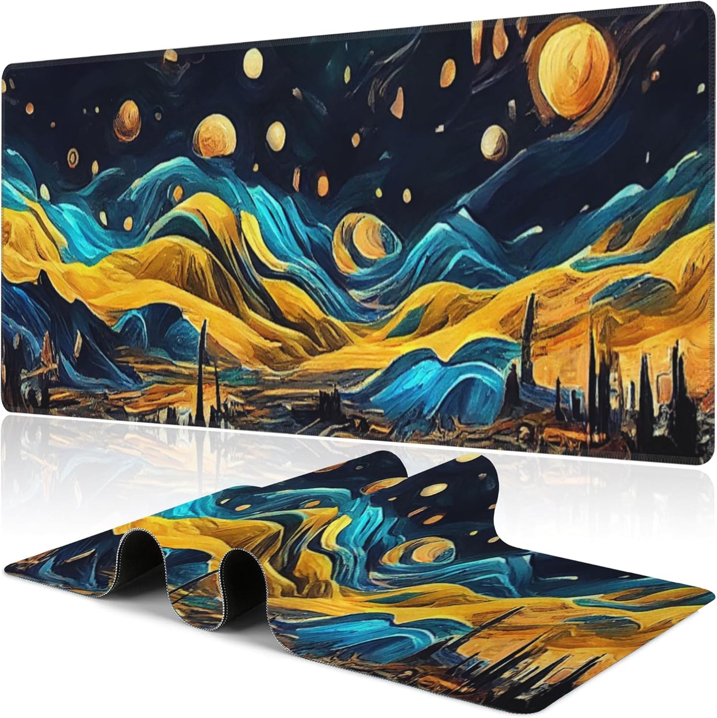 The Starry Night Desk Mat,Large Vincent Van Gogh Oil Painting Gaming Keyboard Mouse Pad,Non-Slip Rubber Base Desk Pad Thick Stitched Edges Waterproof Mousepad Mouse Mat 31.5"x11.8"