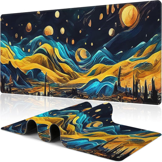 The Starry Night Desk Mat,Large Vincent Van Gogh Oil Painting Gaming Keyboard Mouse Pad,Non-Slip Rubber Base Desk Pad Thick Stitched Edges Waterproof Mousepad Mouse Mat 31.5"x11.8"