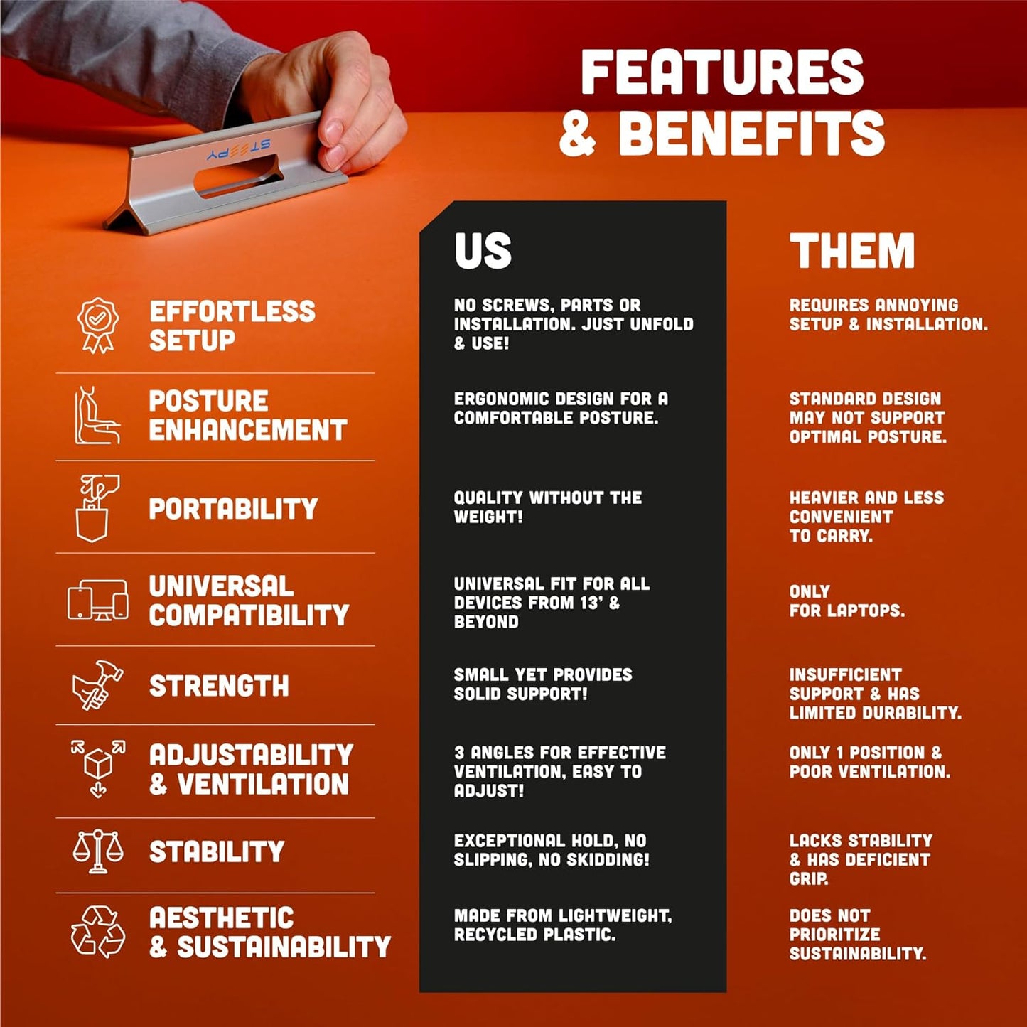 Steepy Portable Laptop Stand for Desk – Adjustable Height, & Portable Laptop Holder – Ergonomic Computer Stand for Cooling & Comfort – Slip-Proof, Sturdy Design – Universal Fit for 13-17 Inch Devices