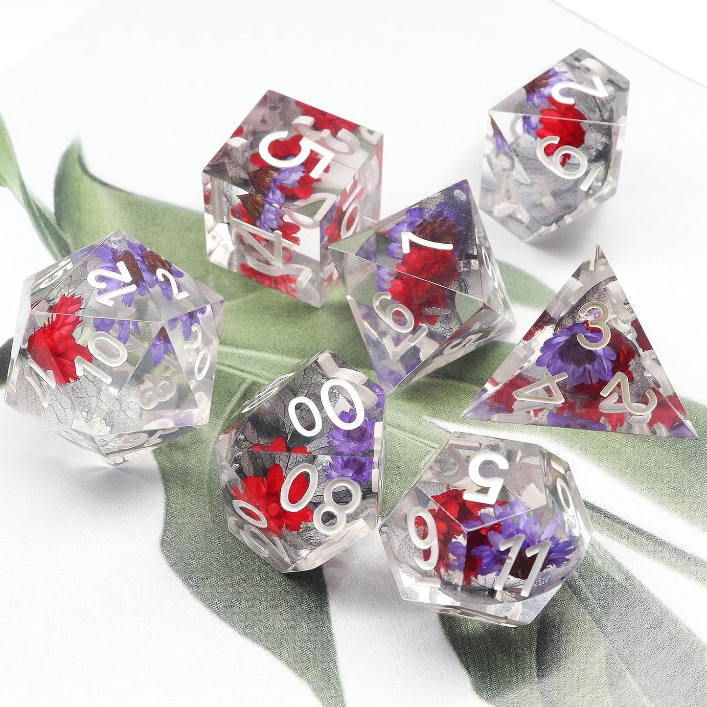 Haxtec Flower DND Dice Set Sharp Edge Dice with Dice Case Handmade Red Purple Floral Resin D&D Dice Set for TTRPGs Compatible with Dungeons and Dragons Gifts
