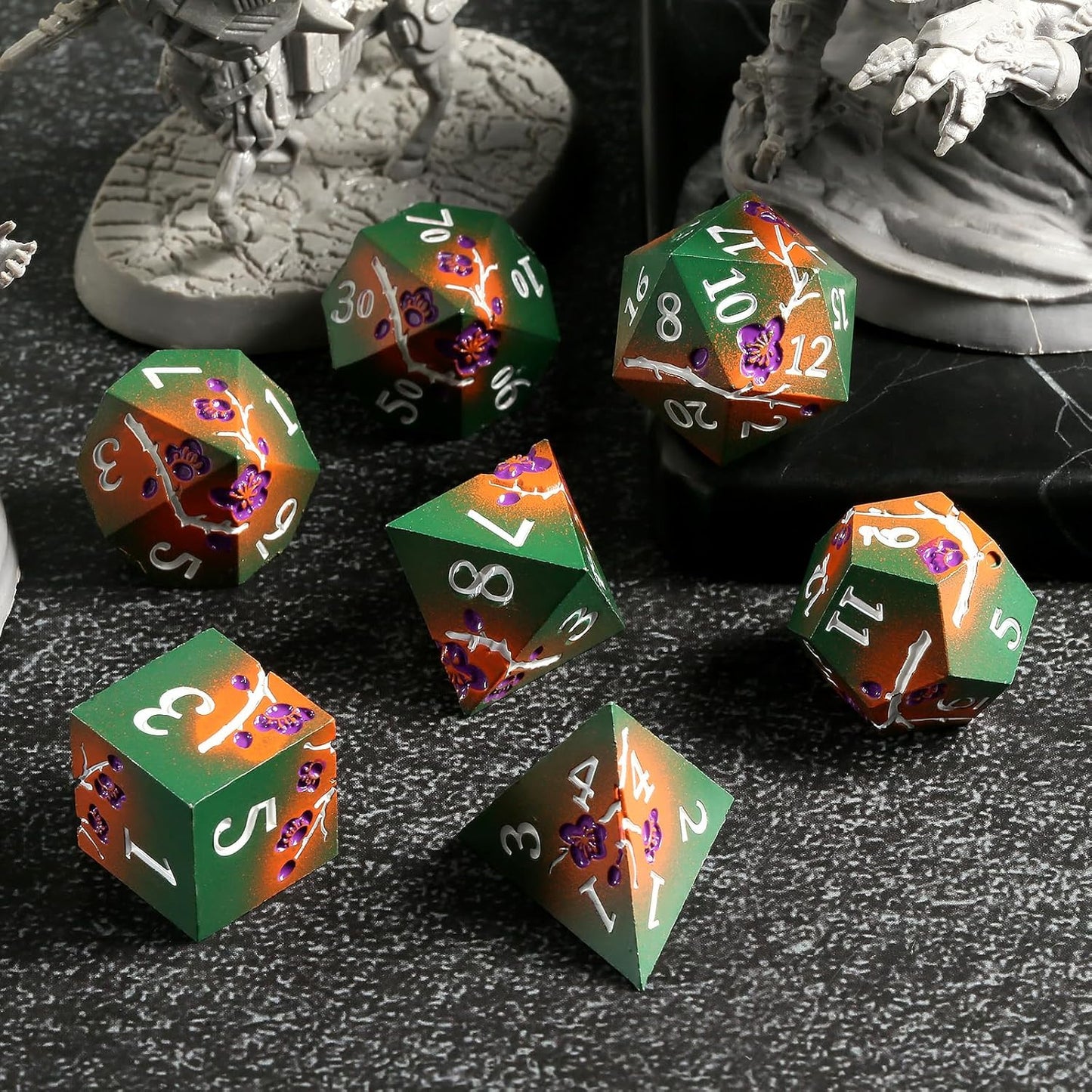 DNDND Metal Dice, 7 PCS Metallic Flowers D&D Dice with Gorgeous Gift Case for DND Dungeons and Dragon Tabletop Game (Army Green and Orange)
