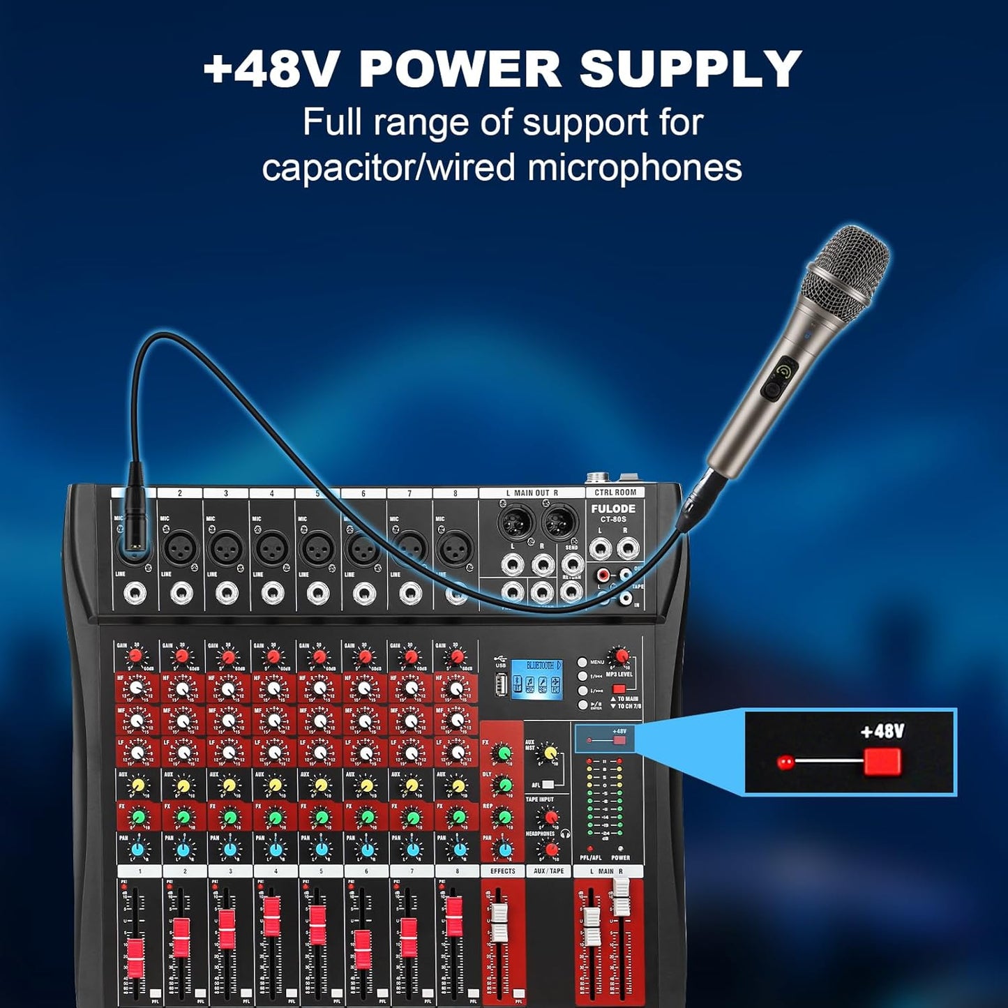 8 Channel Audio Mixer, Professional Music Mixer Board DJ Mixing Console with Bluetooth, USB/MP3 Player, Reverb, and 48V Phantom Power for Studio Recording, Karaoke, and Live Performances