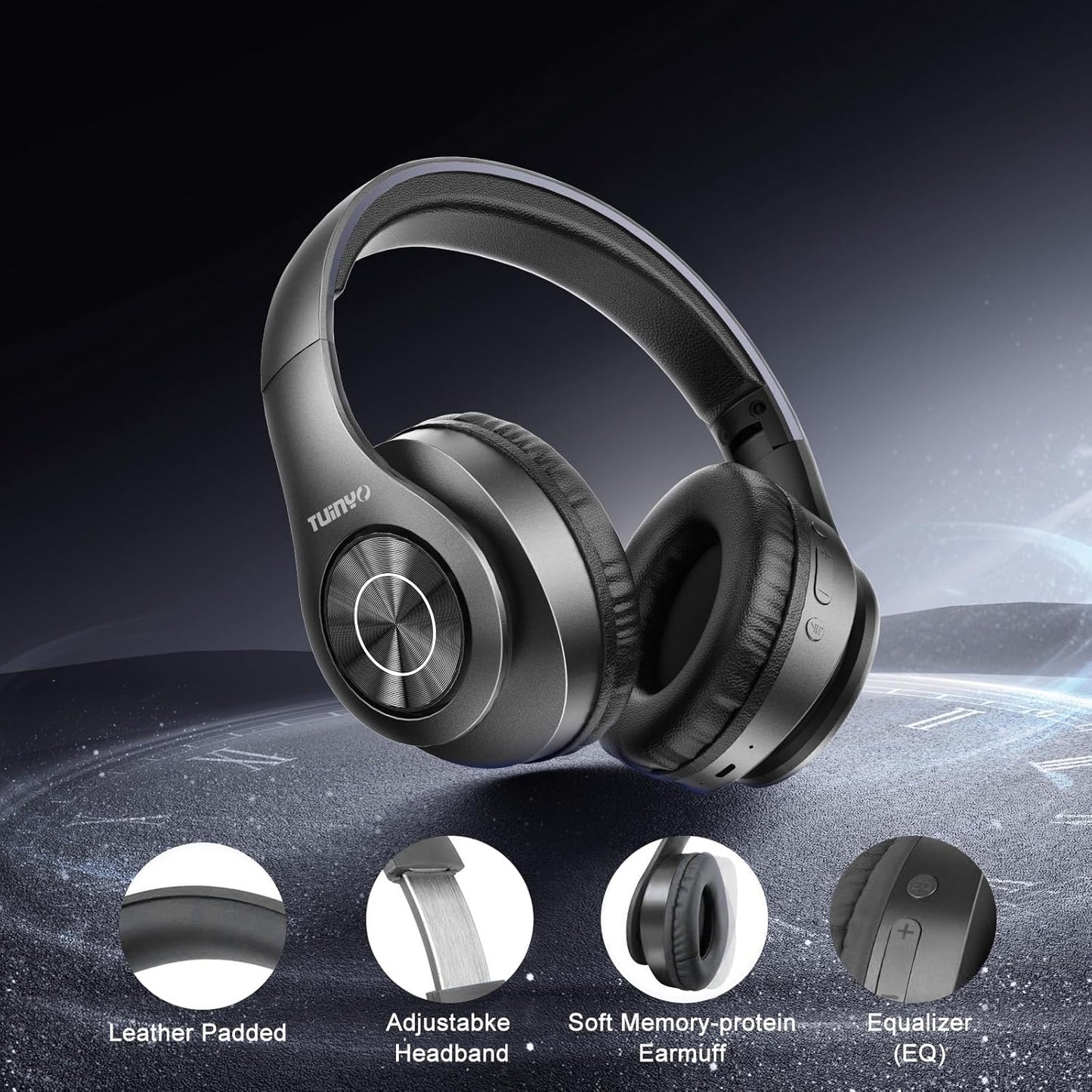 TUINYO Bluetooth Headphones, Over Ear Stereo Wireless Headset 40H Playtime with Deep Bass,Soft Memory-Protein Earmuffs,Built-in Mic Wired Mode PC/Cell Phones-Black