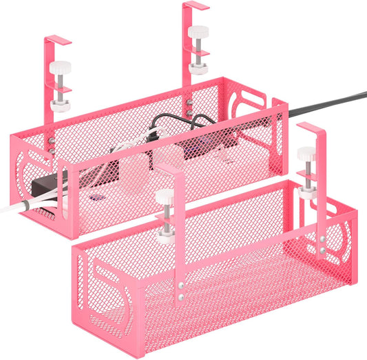 Under Desk Cable Management Tray, 15.7'' No Drill Steel Desk Cable Organizers, Wire Management Tray Cable Management Rack (2 Pack-Pink)