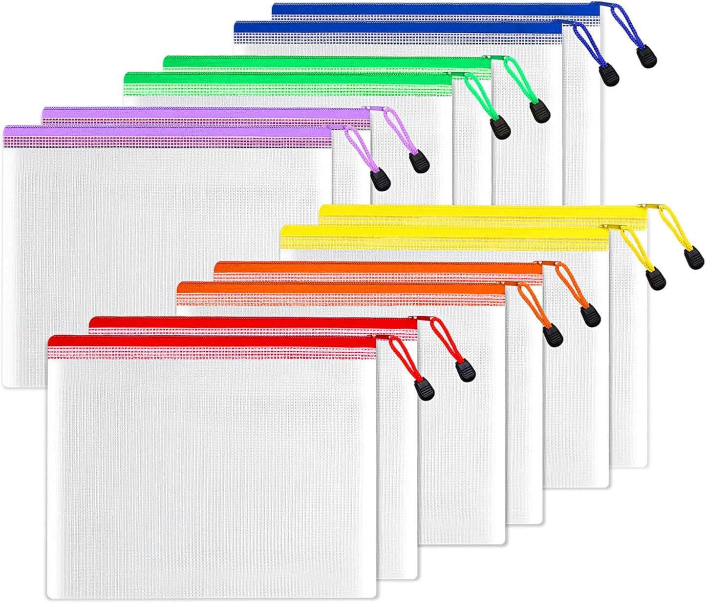 SUNEE Plastic Mesh Zipper Pouch 6x9 in (6 Colors, 12 Packs), Small Water-Resistant Zip Bag for School Office Supplies, Pencil Organizing Storage