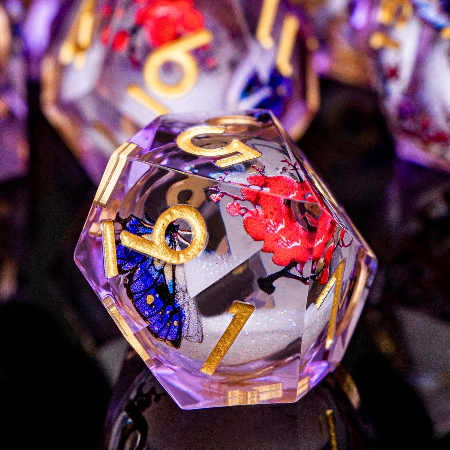 Butterfly DND Dice Purple Liquid Core Dice Set with Metal Box, Handmade Sharp Edge D and D Polyhedral Dice for use with D&D Role Playing Game, D20 D12 D10 D8 D6