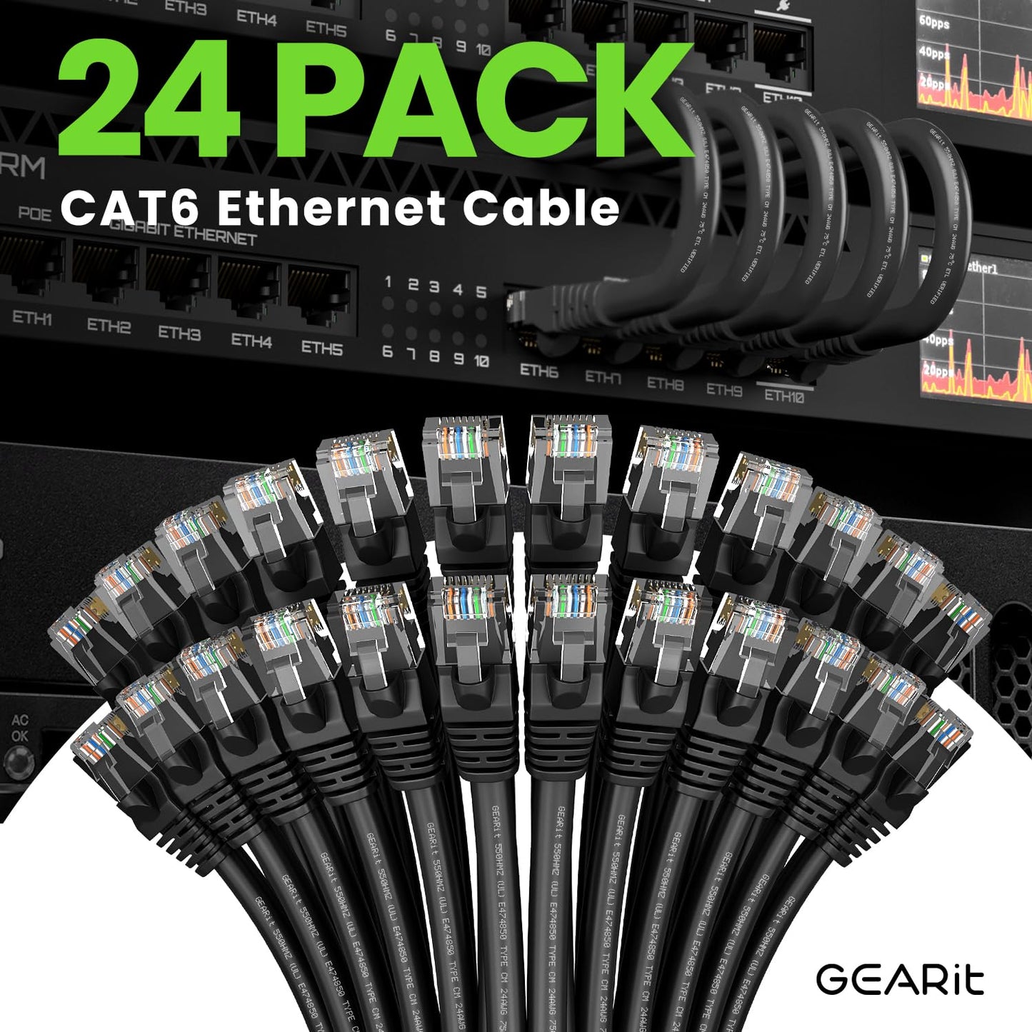 GEARit Cat 6 Ethernet Cable Pack - 24-Pack 3 ft Cat6 Ethernet Patch Cables | RJ45 Network Patch Cable, 10 Gbps Snagless Gold-Plated Connectors - Ethernet Cable Cat 6 for PC, TV, Router - Black