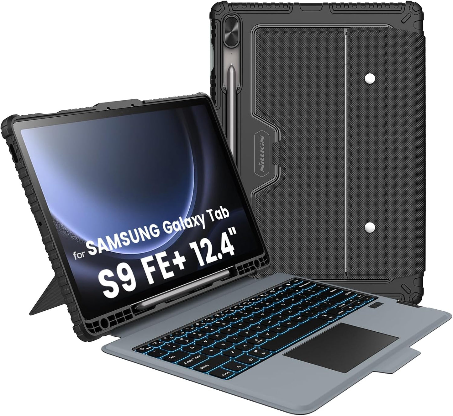 Nillkin for Samsung Galaxy Tab S9 FE Plus Case with Detachable Keyboard, Multi-Touch Trackpad, 7-Color Backlit, S Pen Holder, Rugged Keyboard Case with Camera Cover for Samsung Tablet S9 FE+ 12.4"